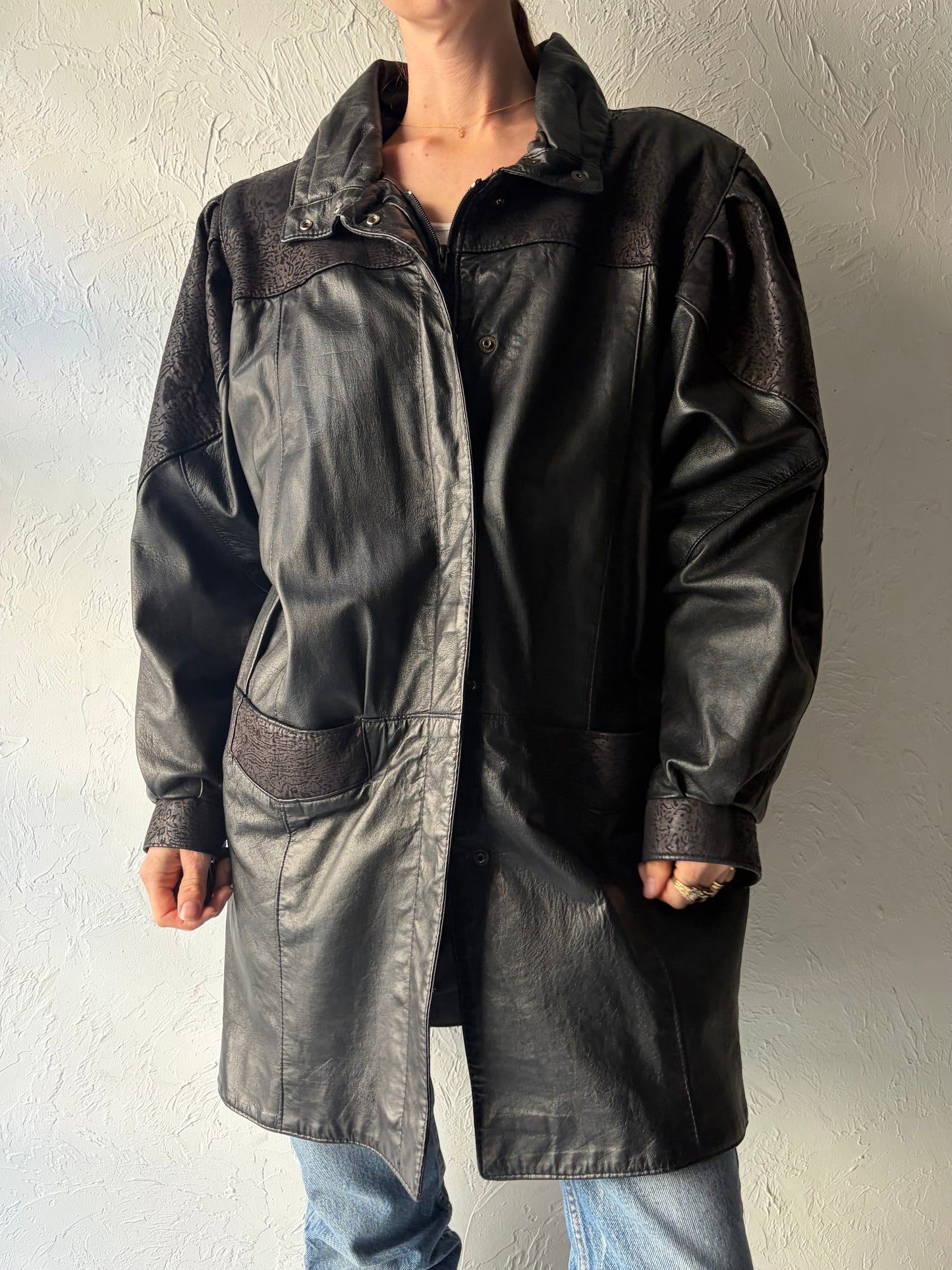 80s 'Oscar Leopold' Black Classic Leather Retro Minimalist Jacket / Large
