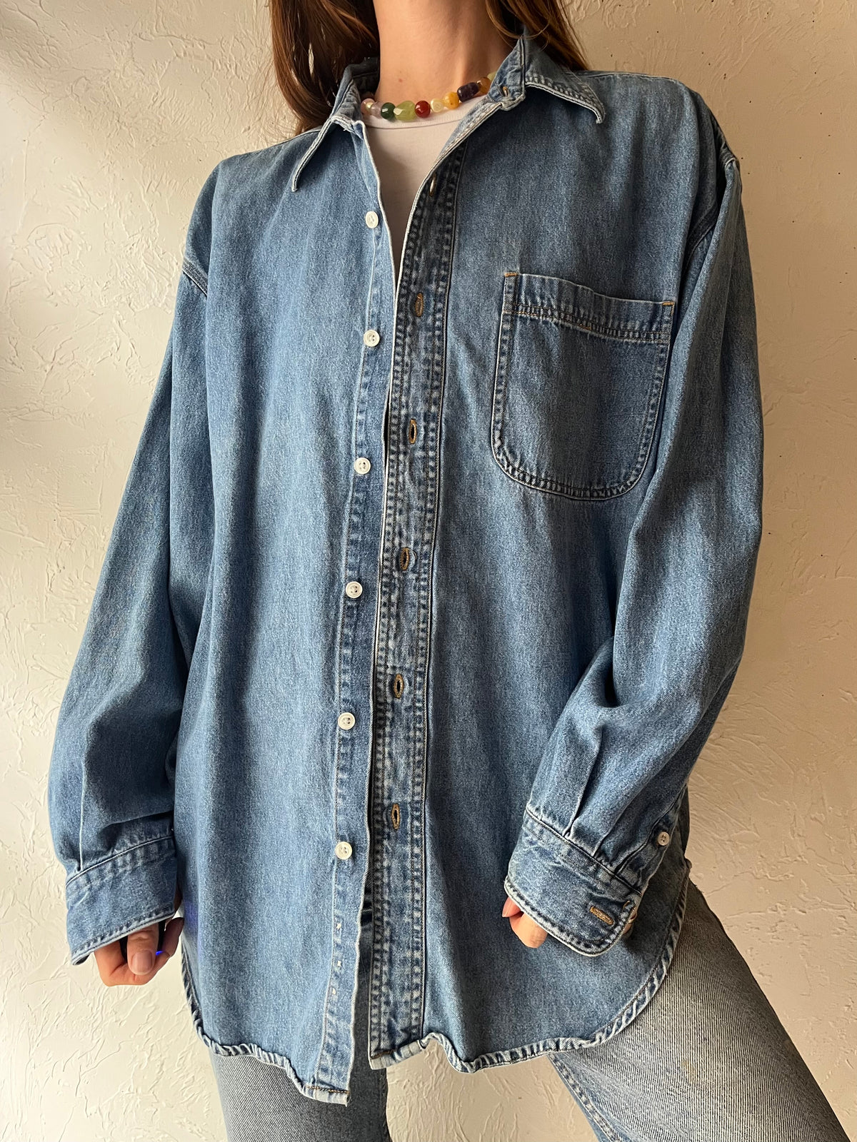 90s 'Disney' Embroidered Denim Shirt / Large