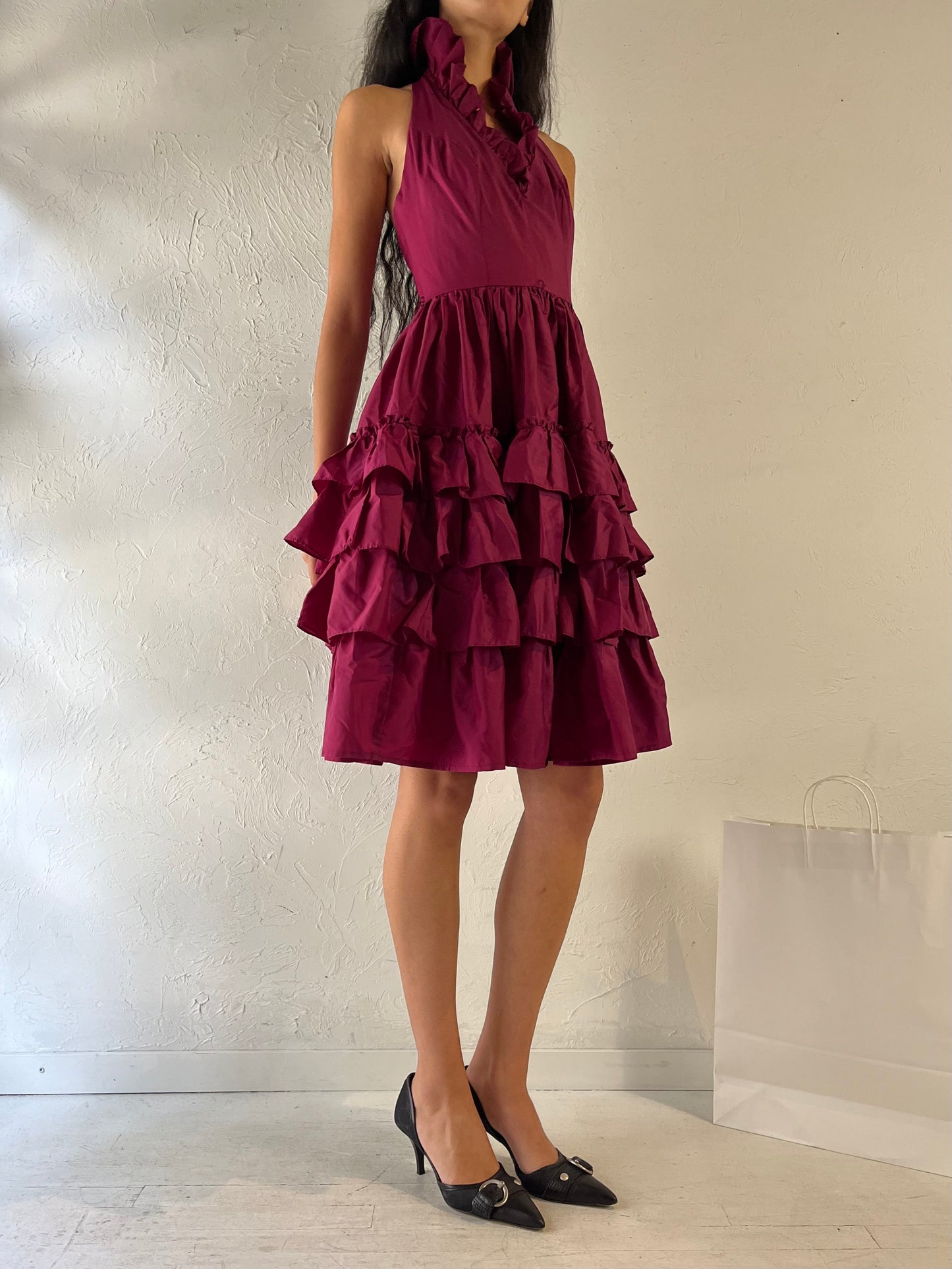 90s 'By Night' Plum Halter Ruffle Dress / Small