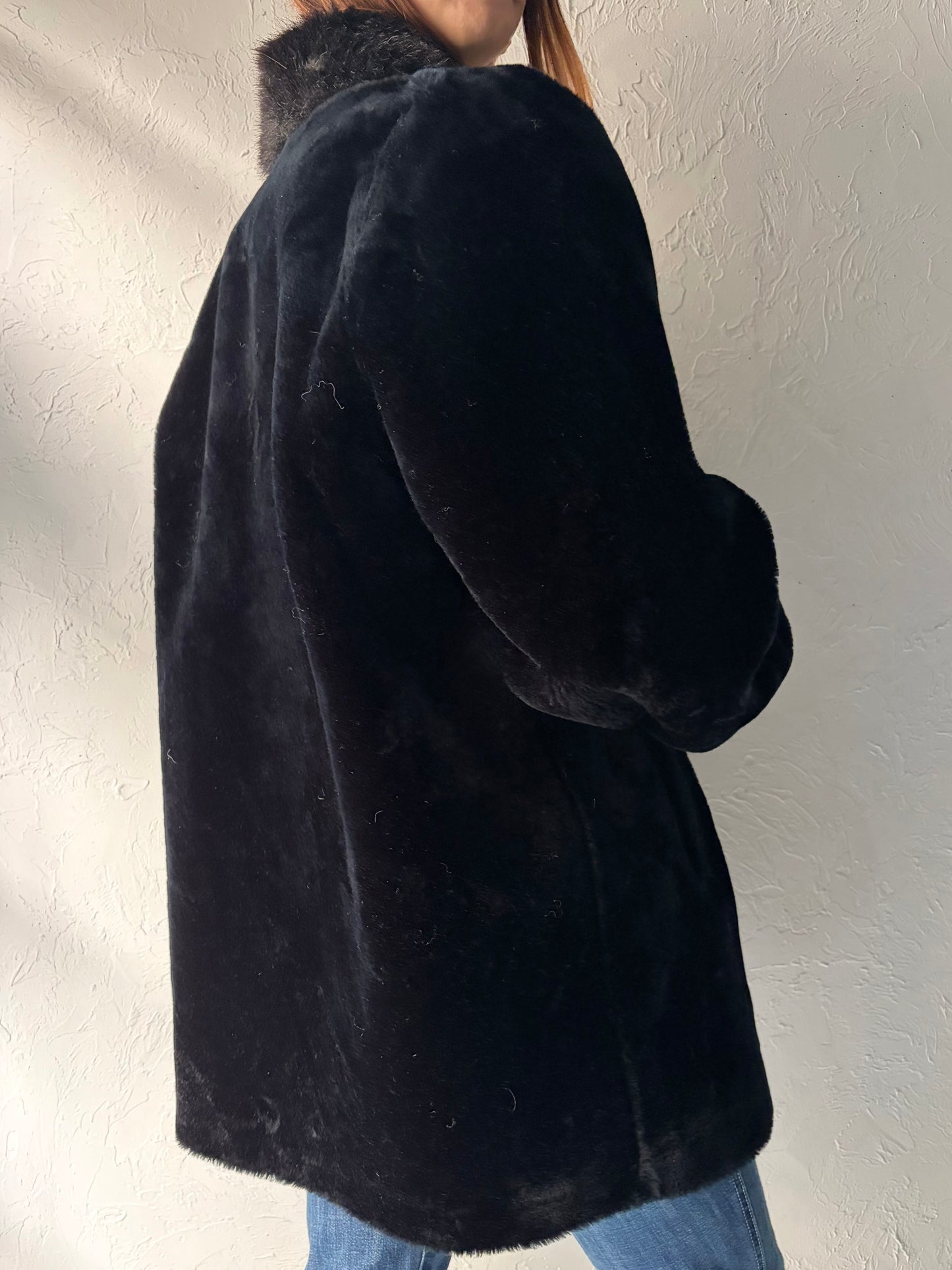 90s 'Jordache' Black Faux Fur Jacket / Medium - Large