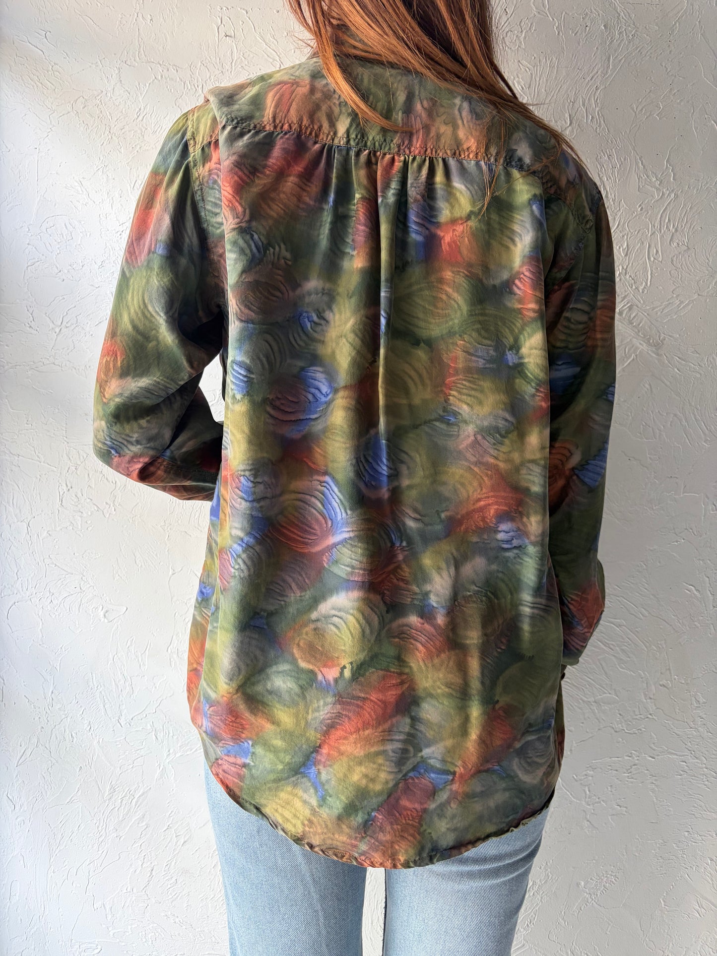 90s 'Lady Footlocker' Green Silk Blouse / Medium