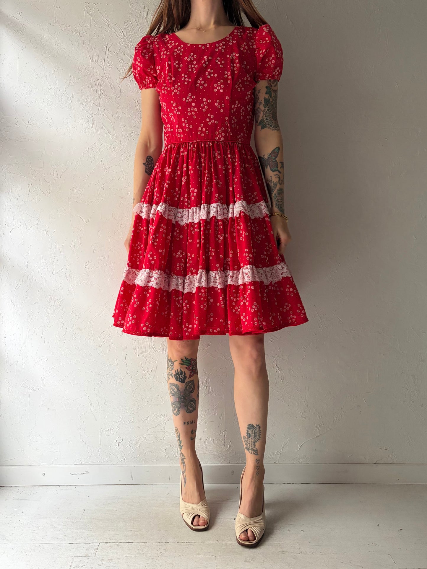 Vintage Handmade Red Floral Western Teared Mini Dress / Vintage Cottage Core Prairie Summer Dress / Small