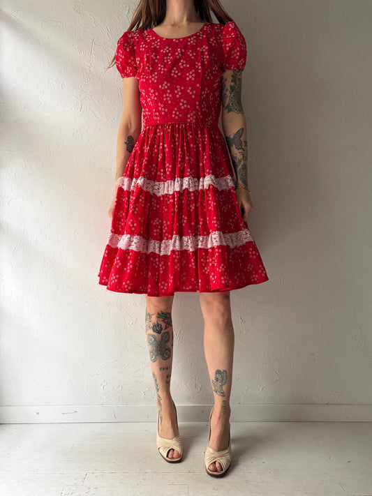 Vintage Handmade Red Floral Western Teared Mini Dress / Vintage Cottage Core Prairie Summer Dress / Small