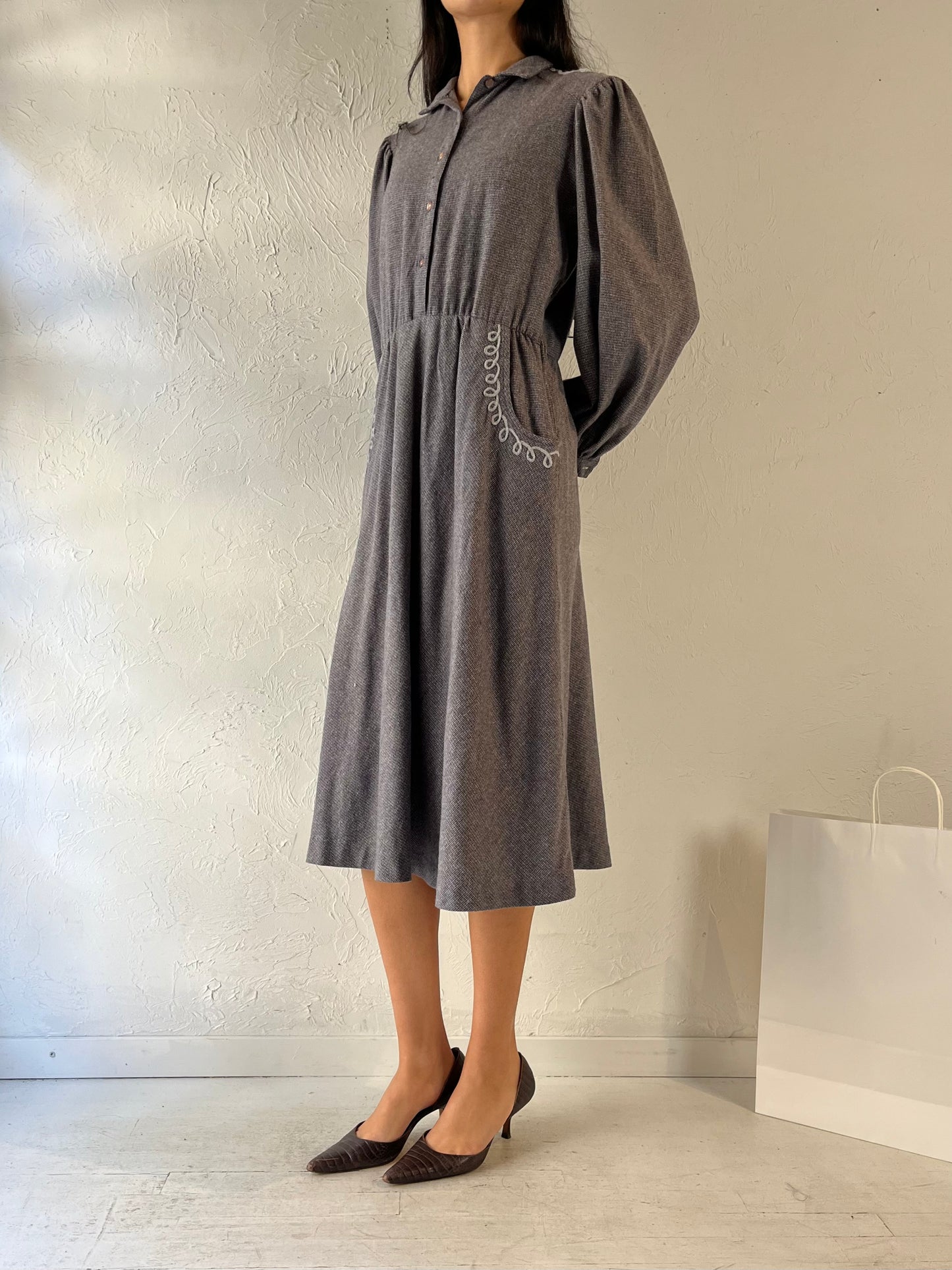 80s ‘Frenzy’ Gray Knit Western Dress / Medium