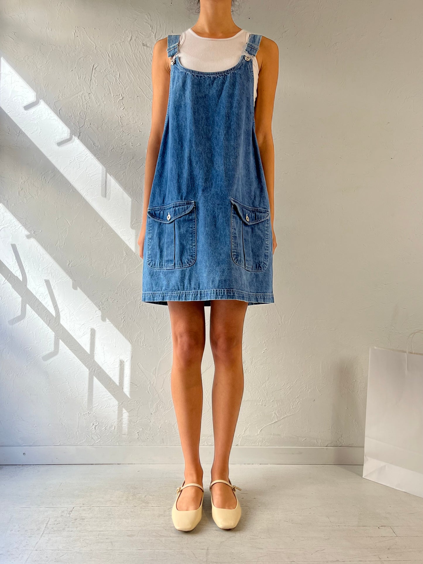 90s ‘Faded Glory’ Denim Mini Overall Dress / Medium