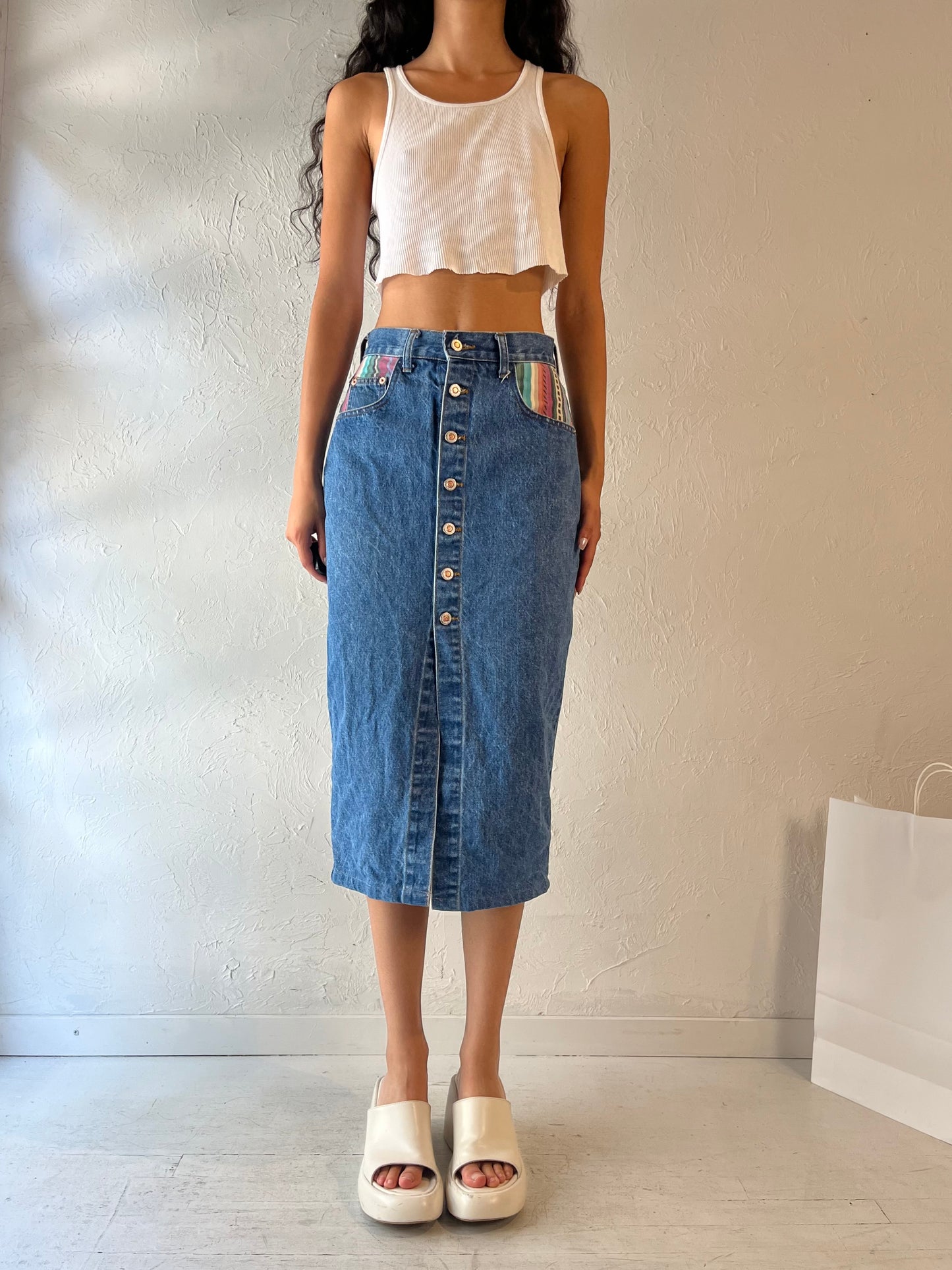 90s 'Steel' Denim Pencil Skirt / Small