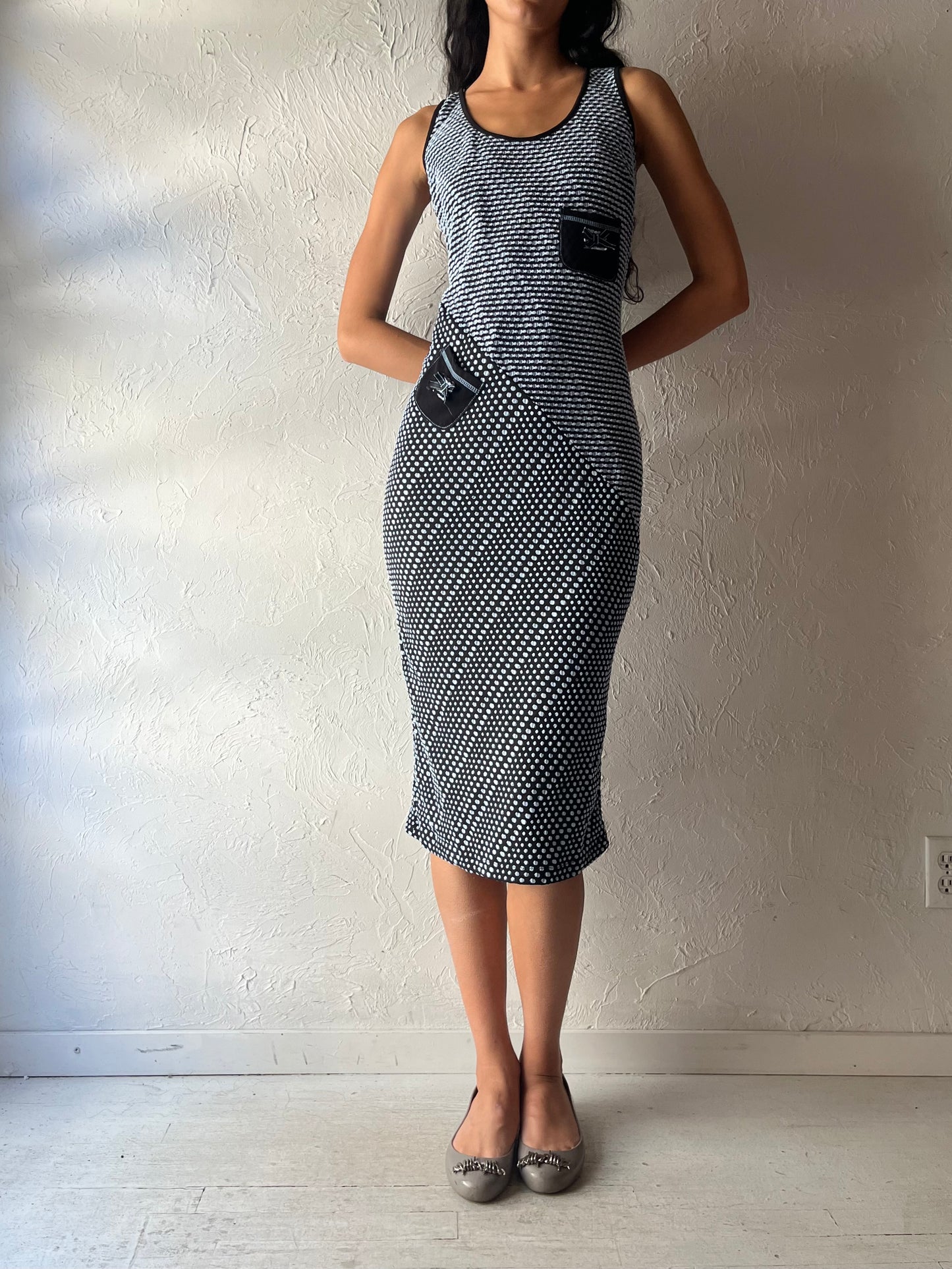 70s 'Artex' Blue Knit Retro Midi Dress / Medium