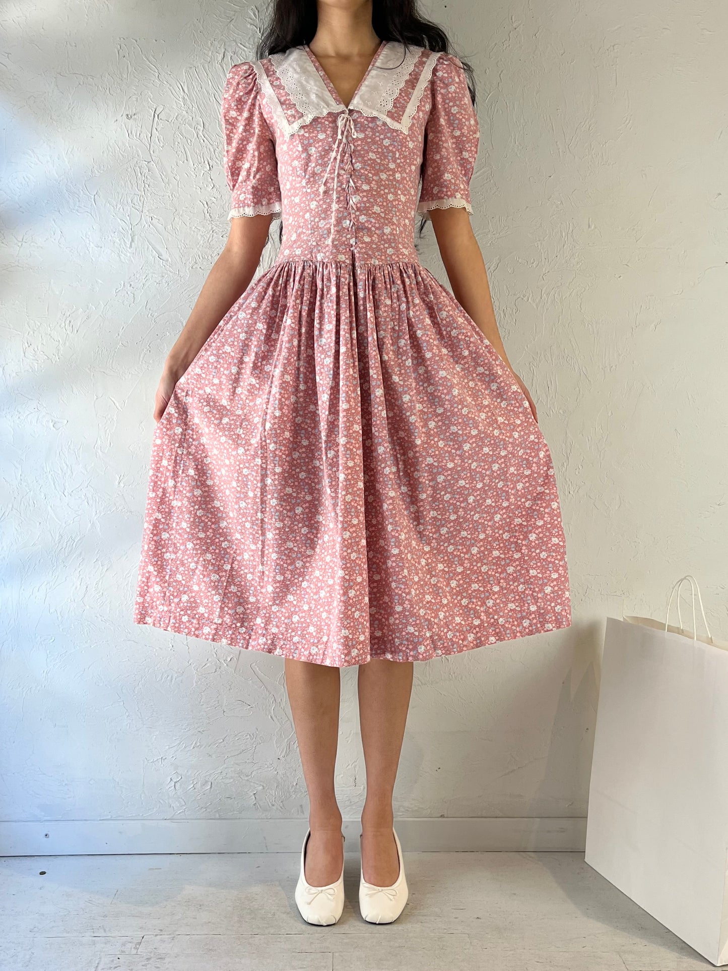 Vintage Handmade Pink Floral Dress / Small