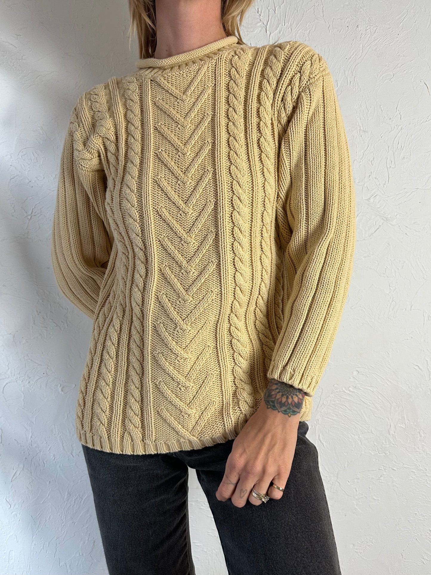 90s 'Jessica' Cream Cotton Cable Knit Sweater / Medium