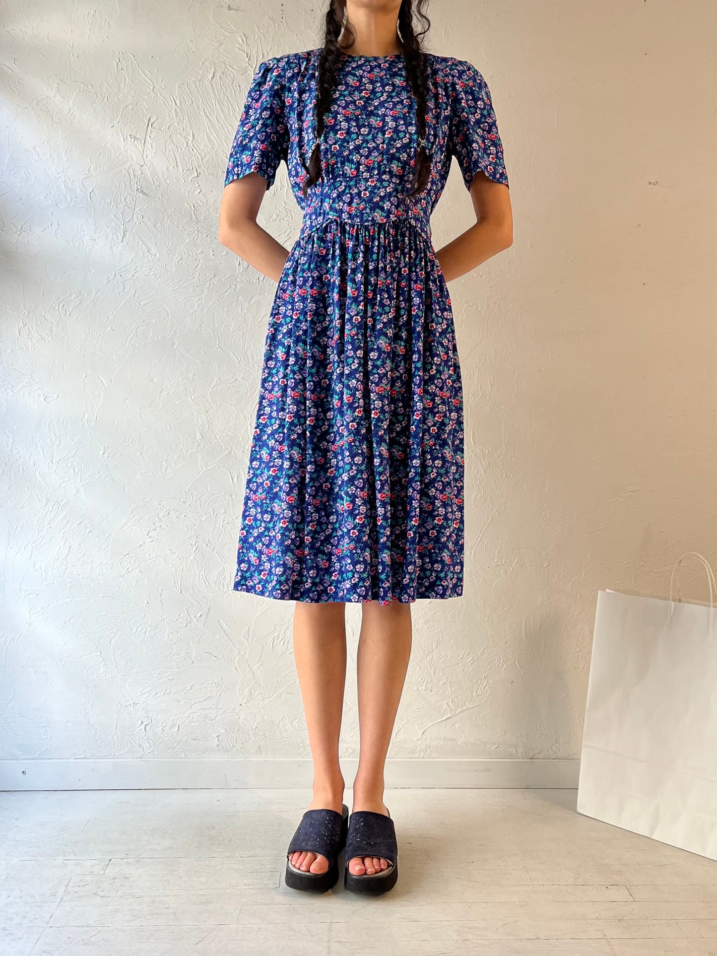 90s ‘Karin Stevens’ Blue Floral Midi Dress / Medium
