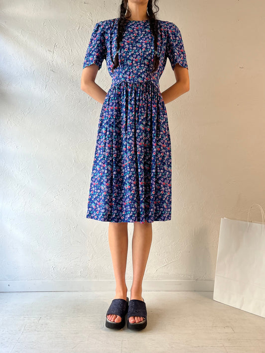 90s ‘Karin Stevens’ Blue Floral Midi Dress / Medium