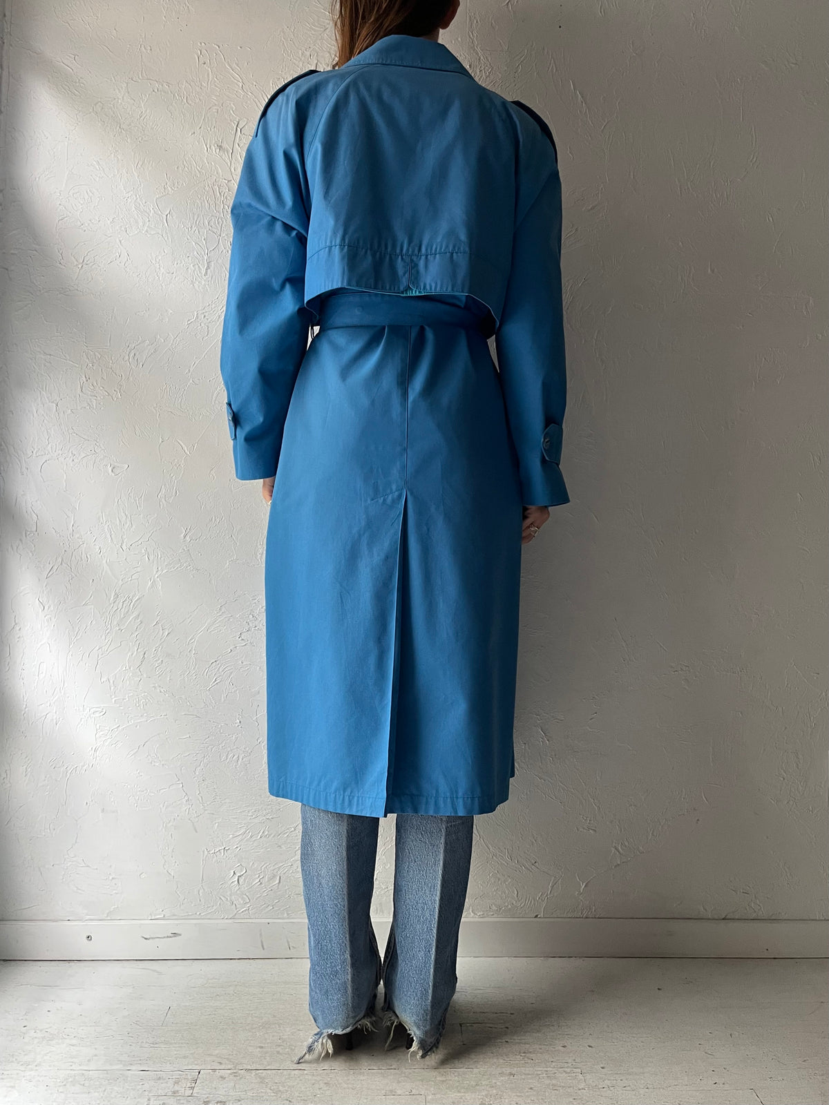 90s 'London Fog' Bright Blue Belted Minimalist Trench Coat Classic Longline Raincoat / Medium