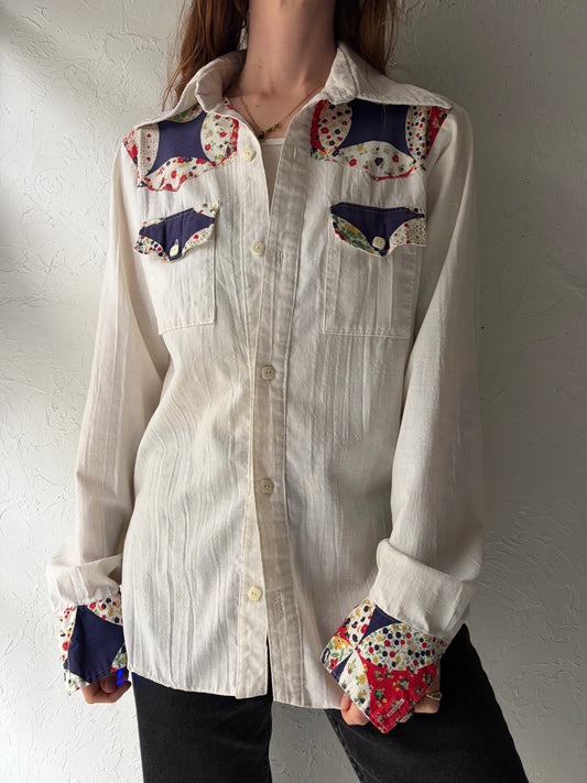 70s Handmade White Patchwork Western Shirt / Vintage Cowboy Button Up Shirt / Medium