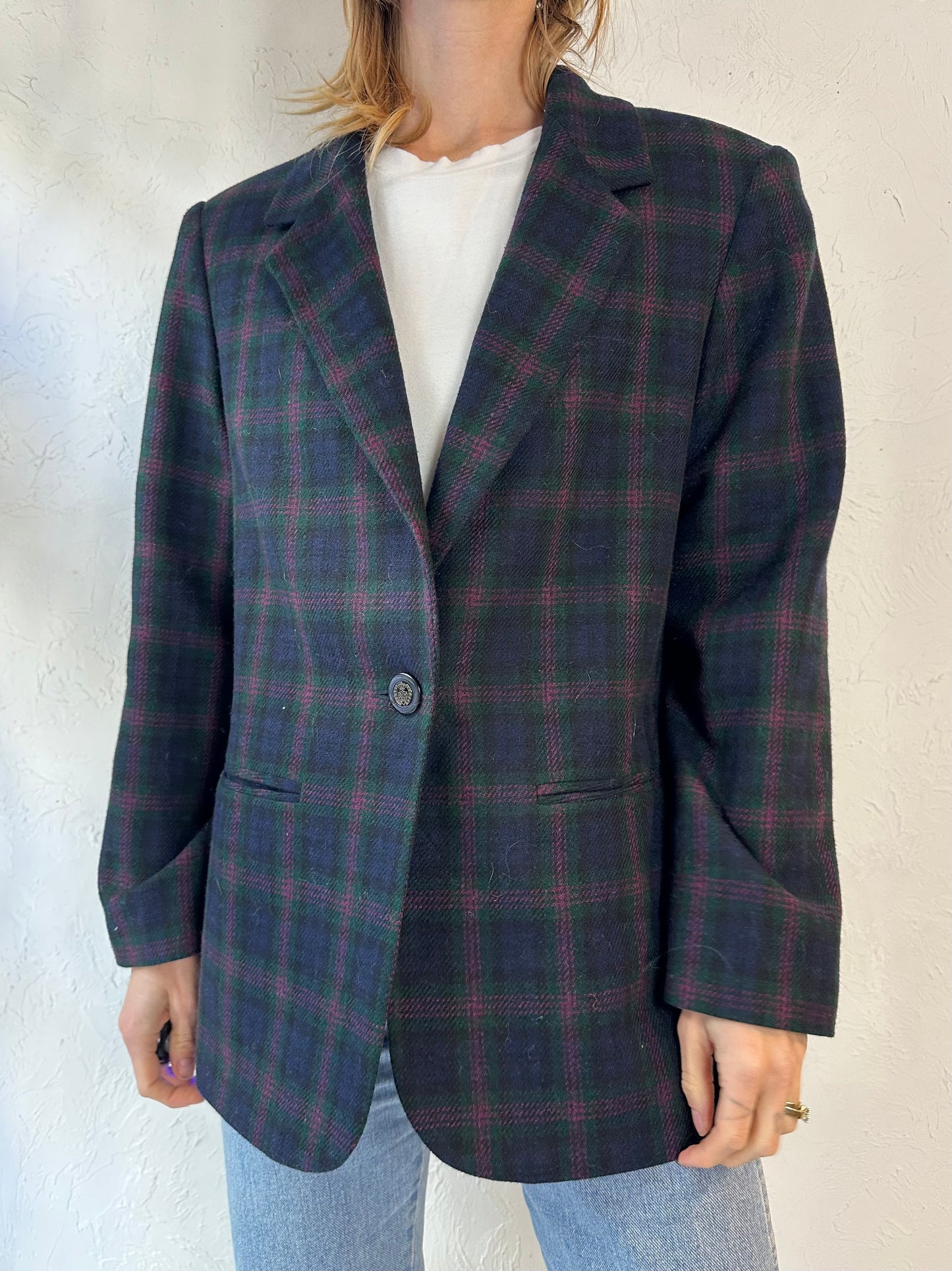 90s 'Requirements' Blue Plaid Blazer Jacket / Medium - Large