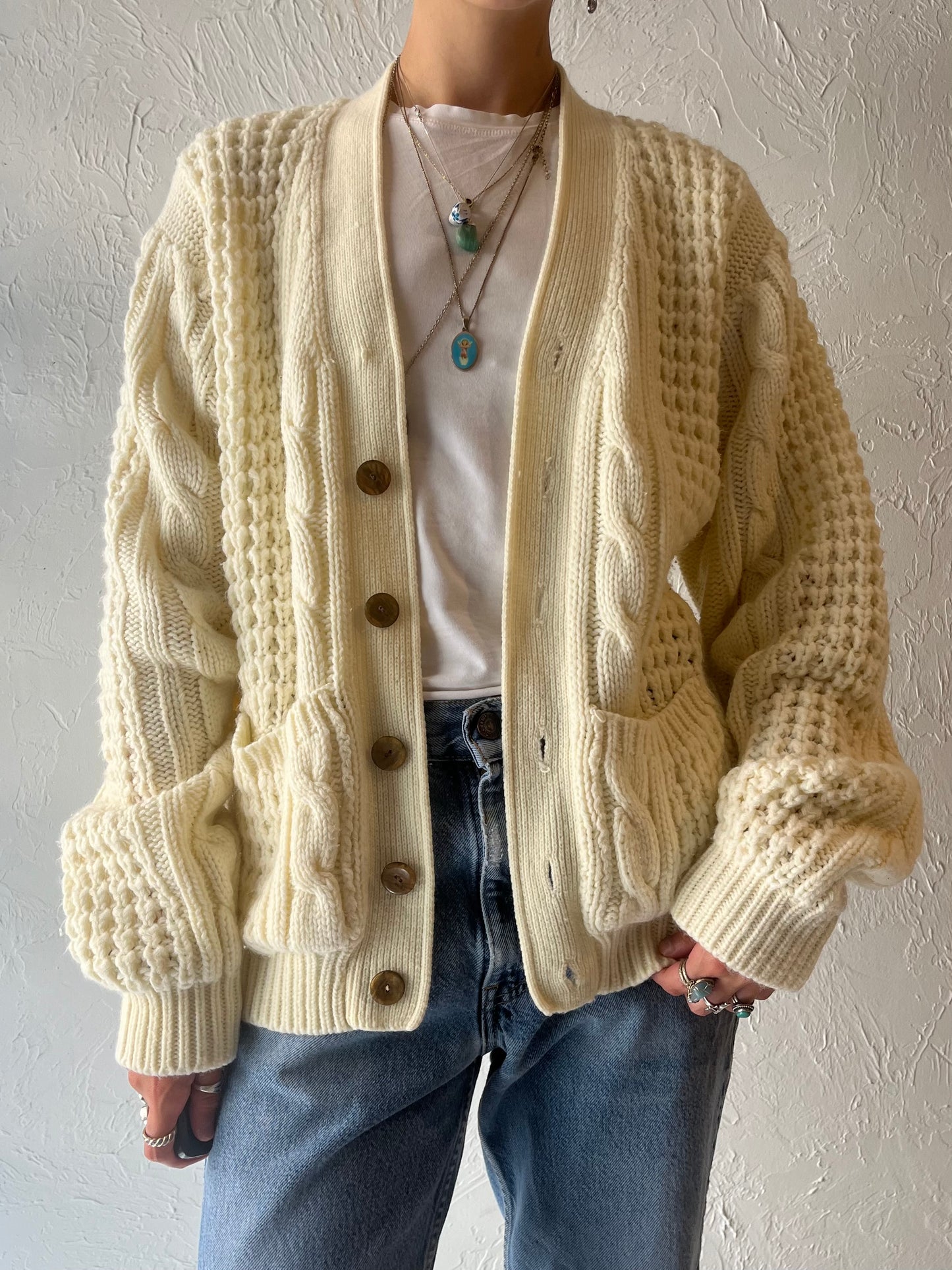 70s 'Sears' Cream Acrylic Cable Knit Cardigan Sweater / Medium