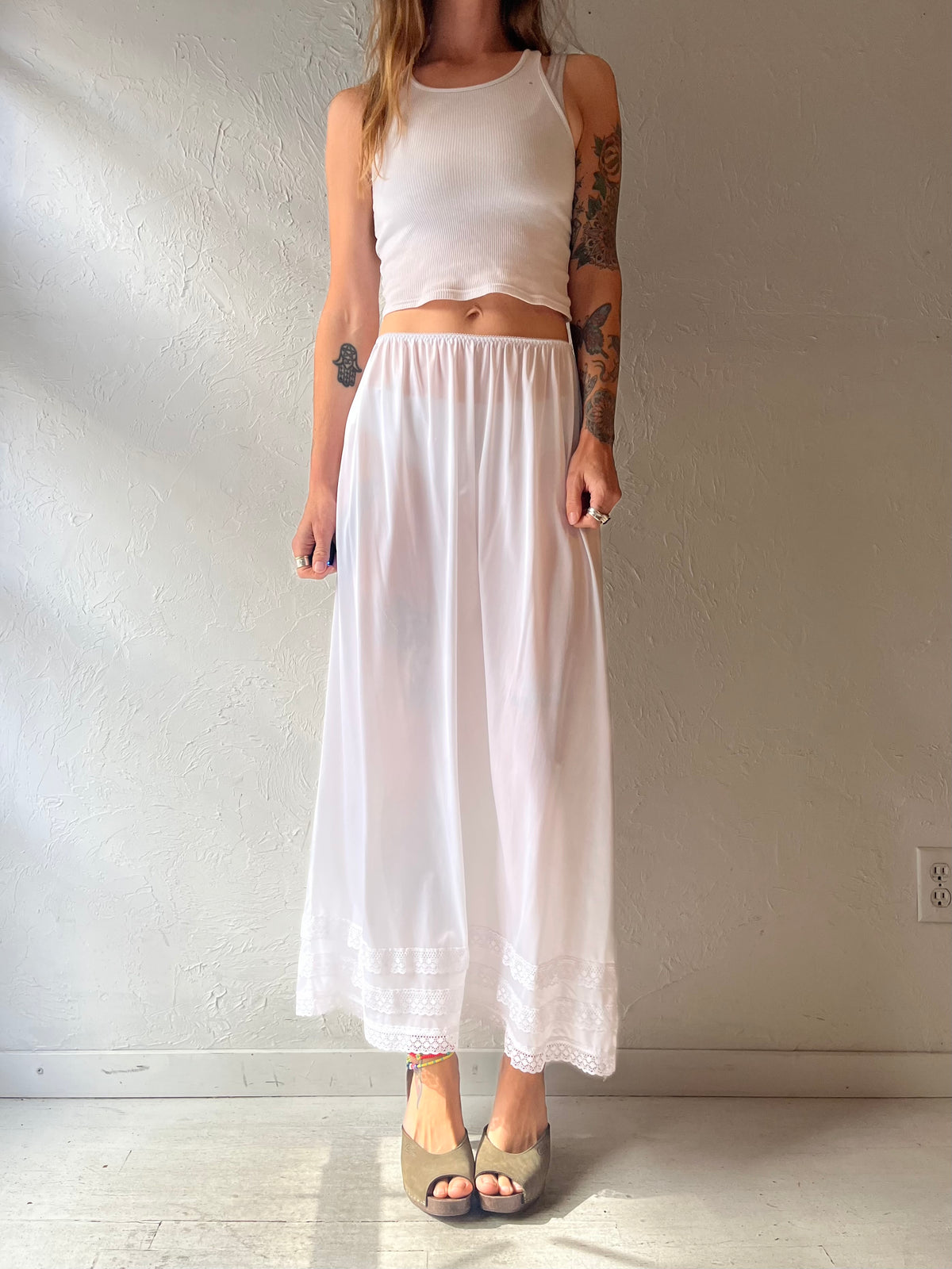 90s 'Image' White Nylon Slip Maxi Skirt / Small