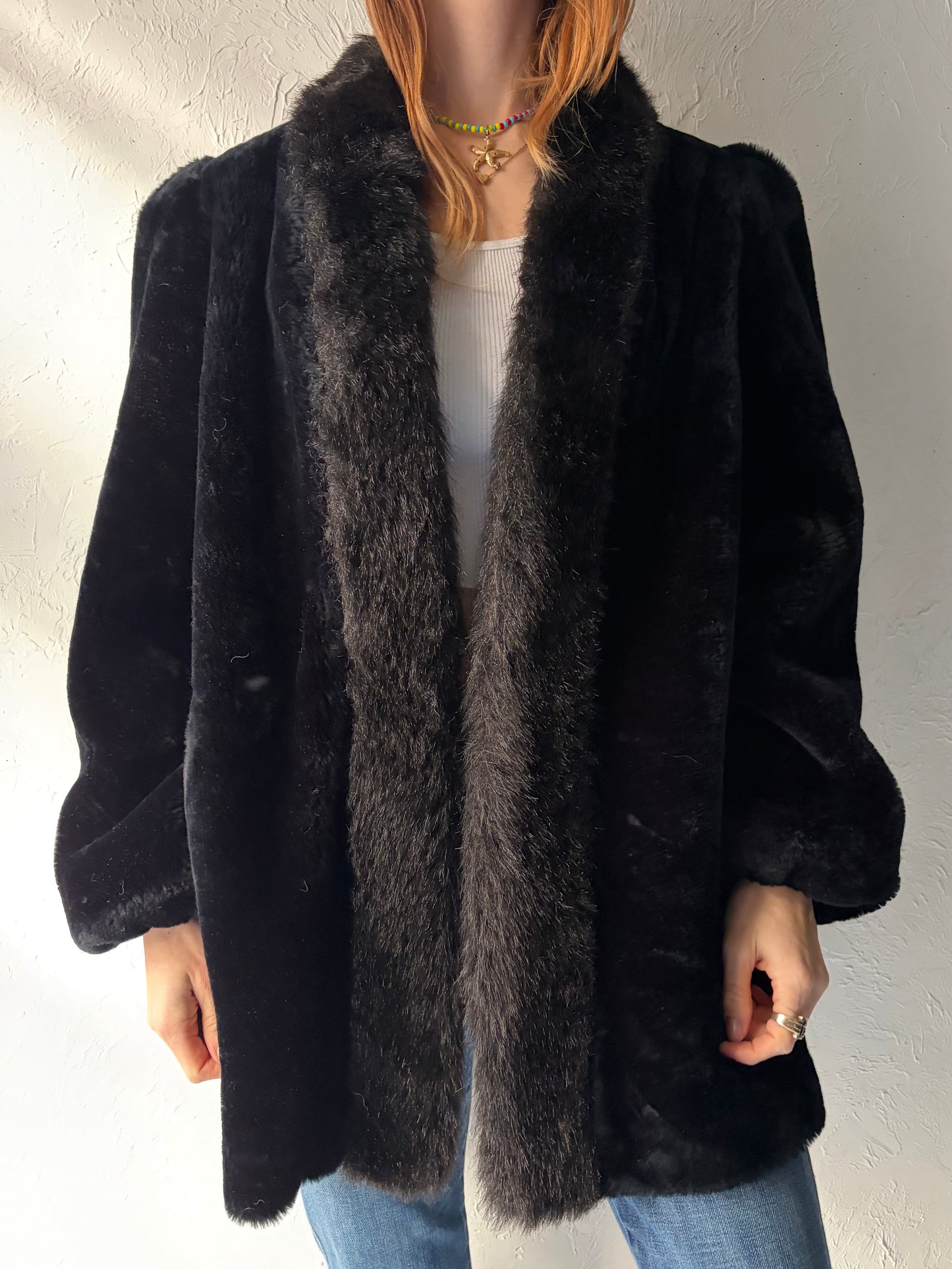 90s 'Jordache' Black Faux Fur Jacket / Medium - Large