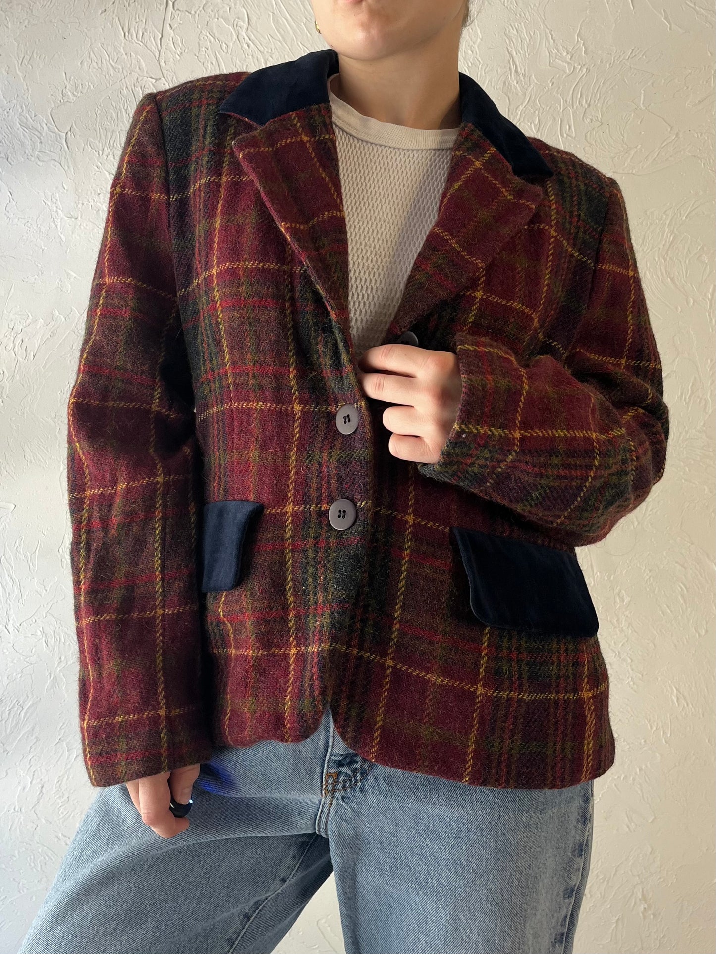 90s 'Jones New York' Knit Wool Plaid Blazer Jacket / Medium