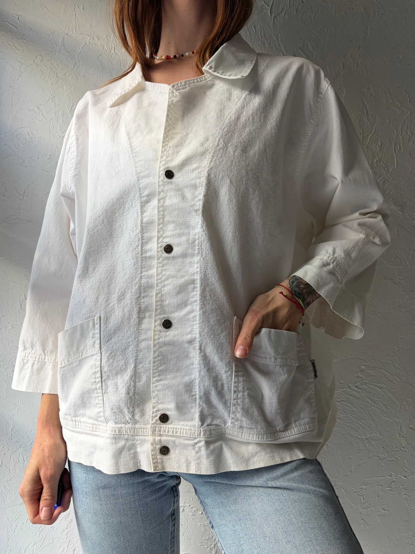 Vintage 'Ezze Wear' White Cotton Snap up Jacket / XL