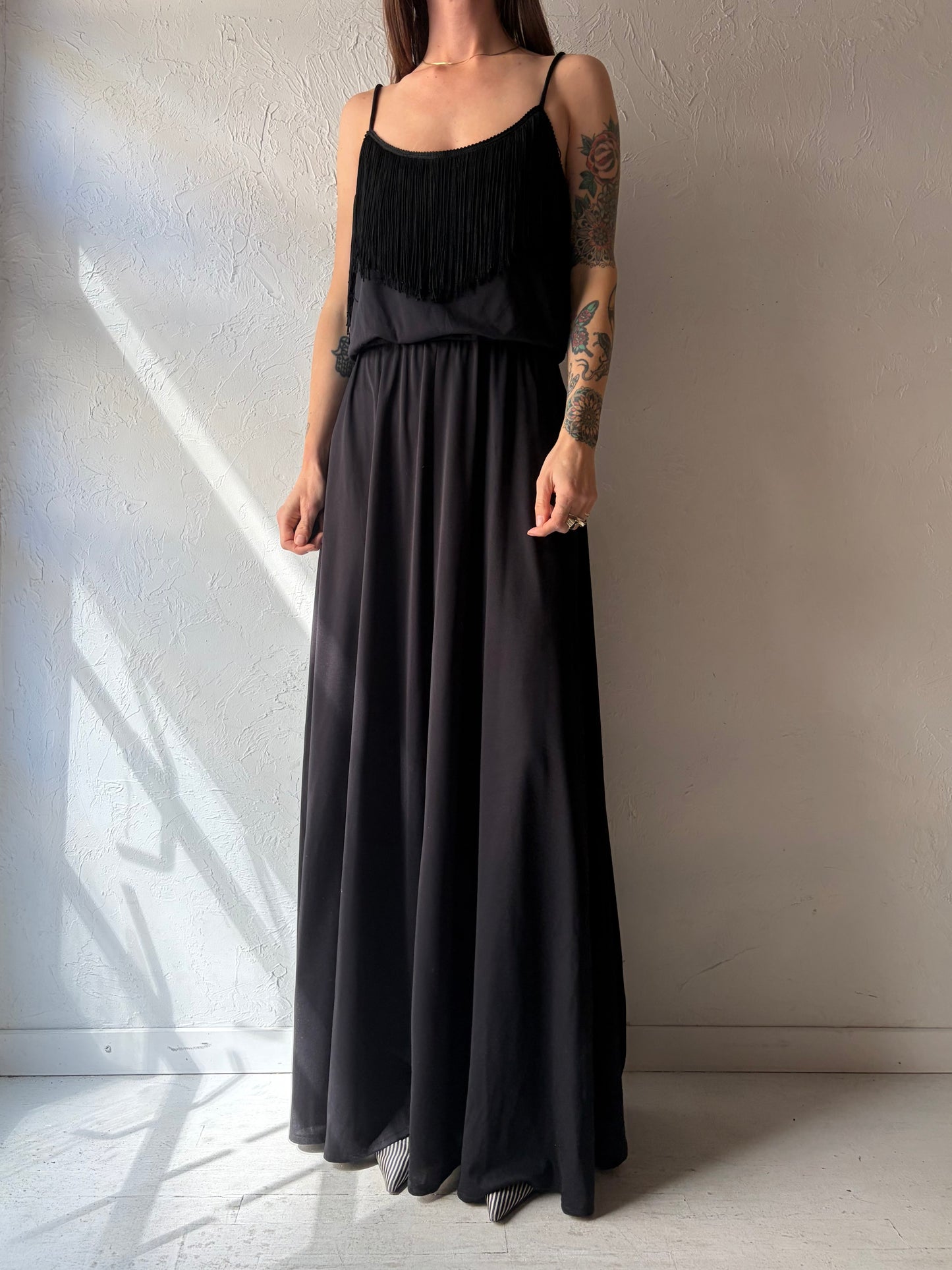 80s 'David Gilbert' Black Fringe Formal Maxi Dress / Large