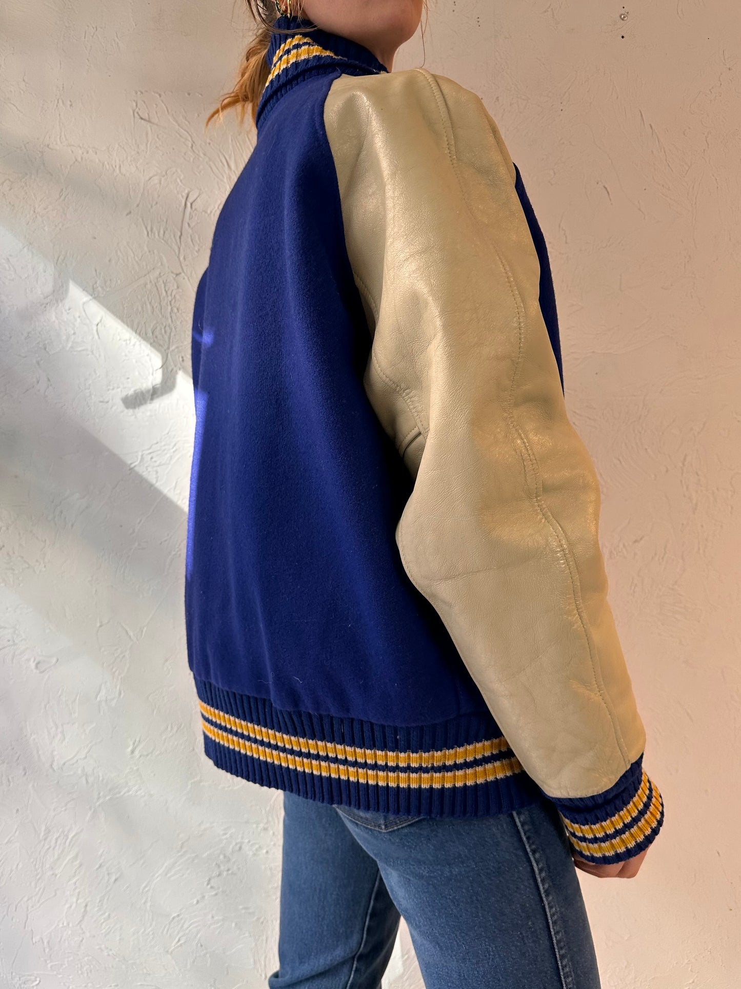Vintage Beige and Blue Leather Varsity Jacket / Medium