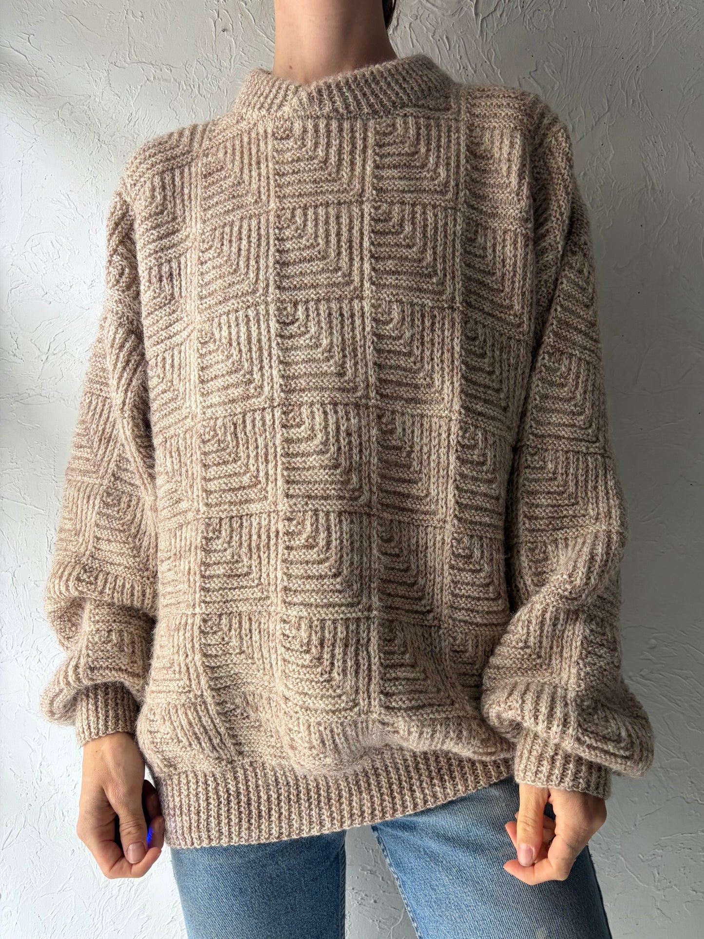 Vintage Handknit Oatmeal Normcore Minimalist Crew Neck Pullover Sweater / Large