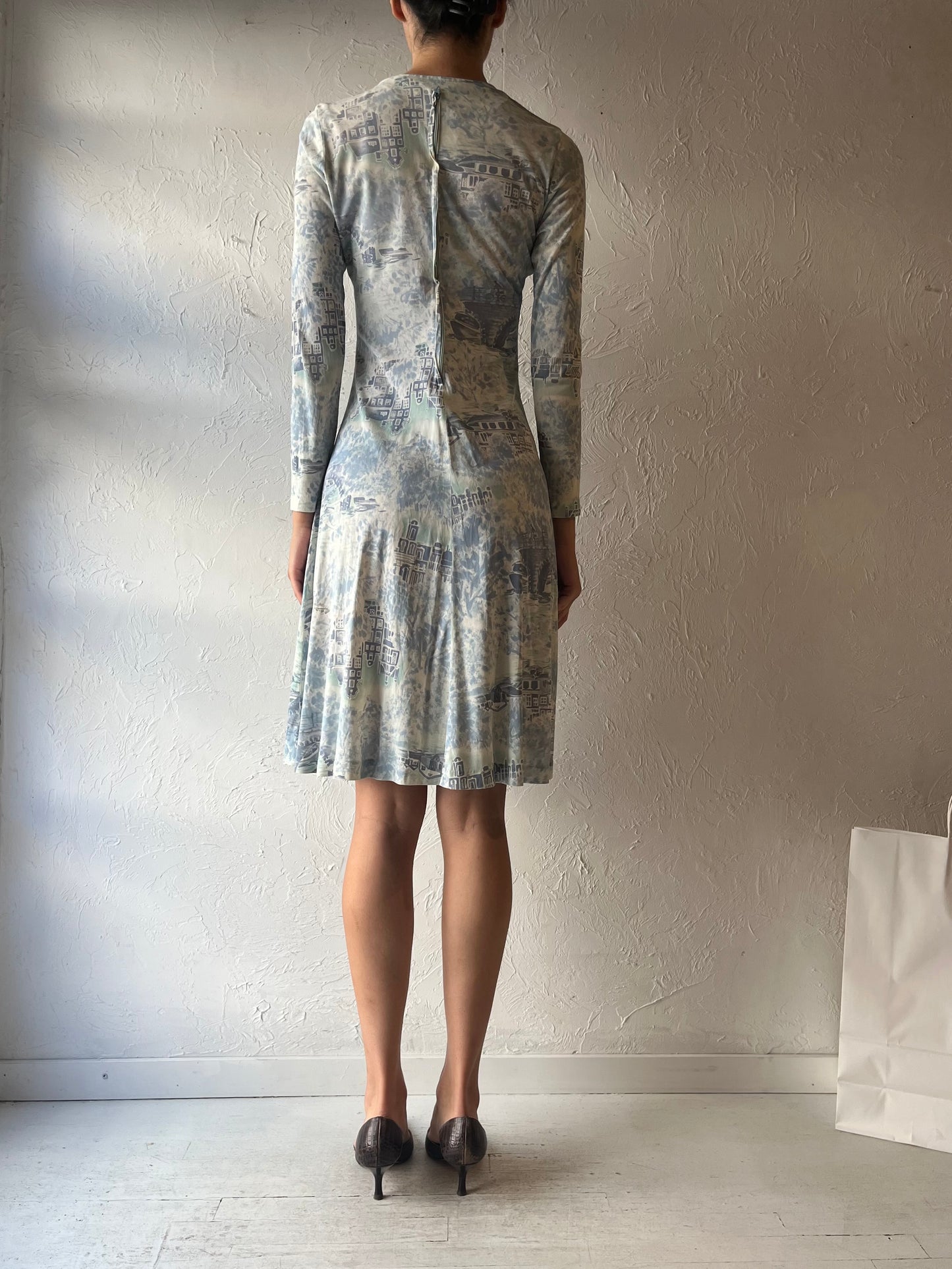 70s Blue Patterned Midi Dress / Small