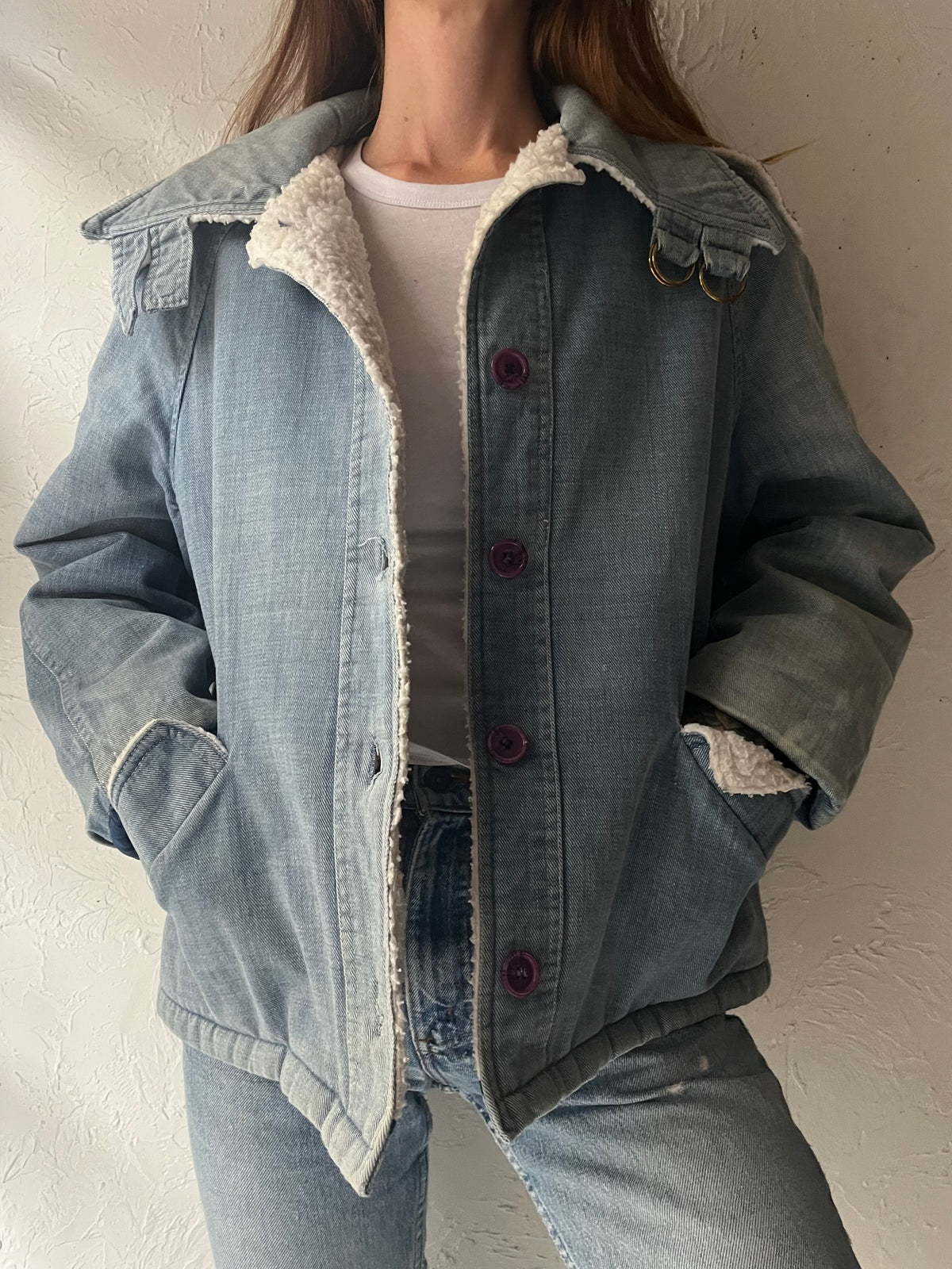 70s Faux Shearling Lined Denim Jacket / Medium
