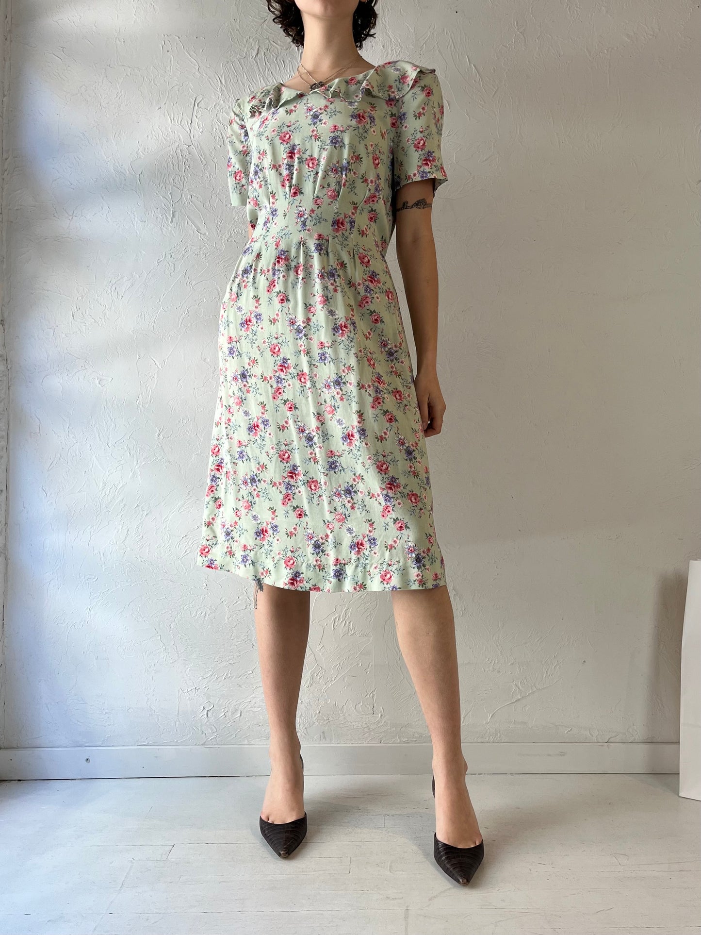 90s 'R&K' Green Floral Rayon Midi Dress / Large