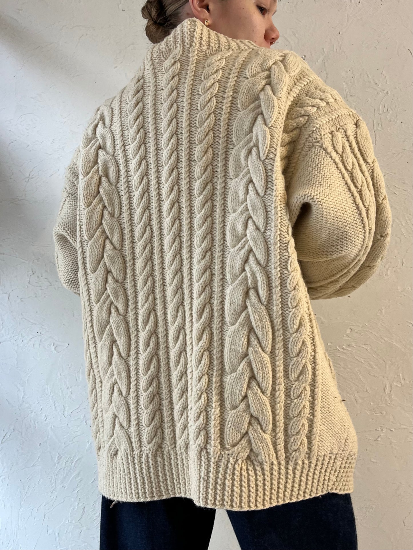 Vintage Cream Cable Knit Cardigan Sweater / Large