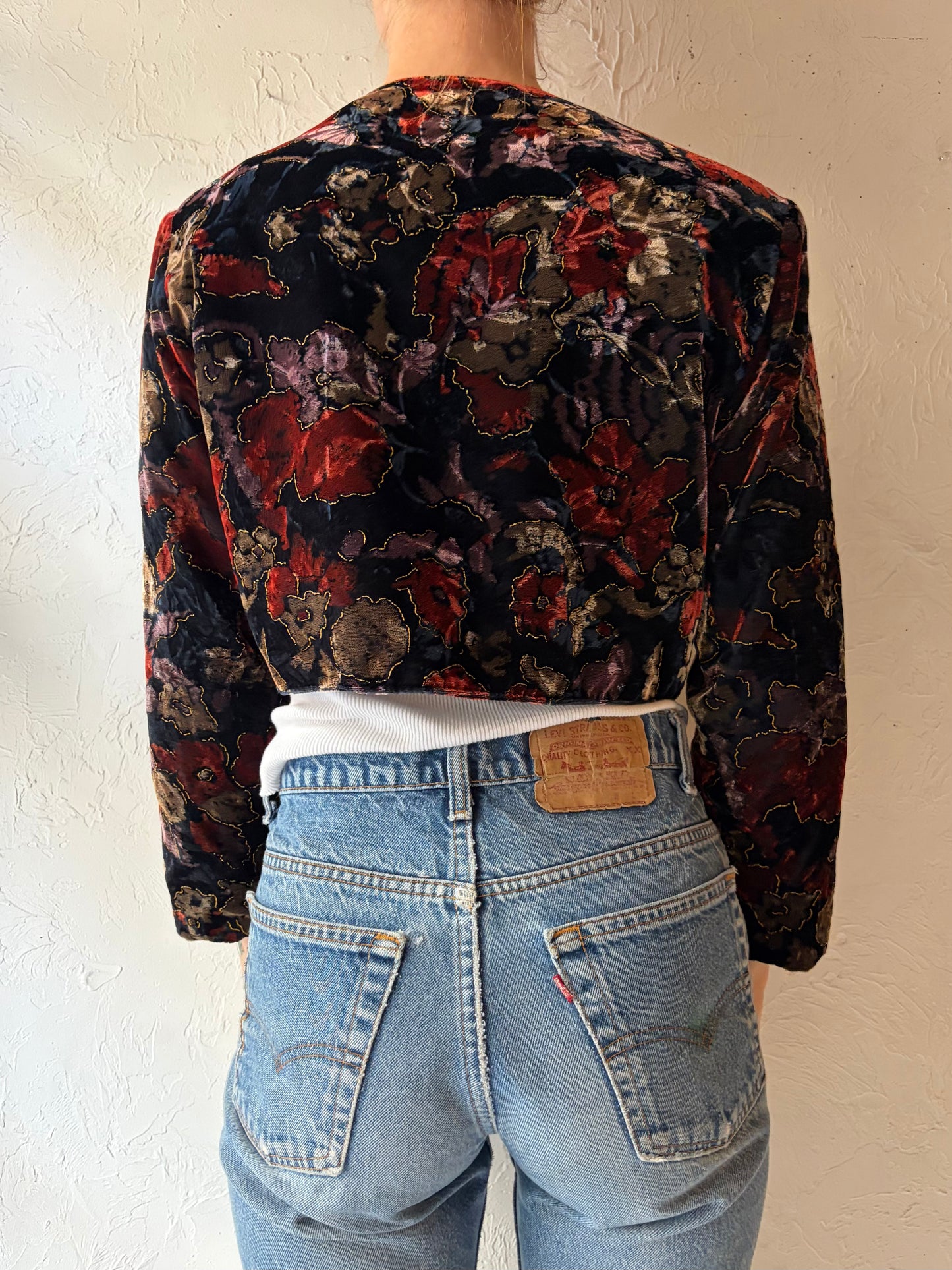80s 'Beechers Brook' Floral Print Velvet Retro Cropped Evening Jacket / Small