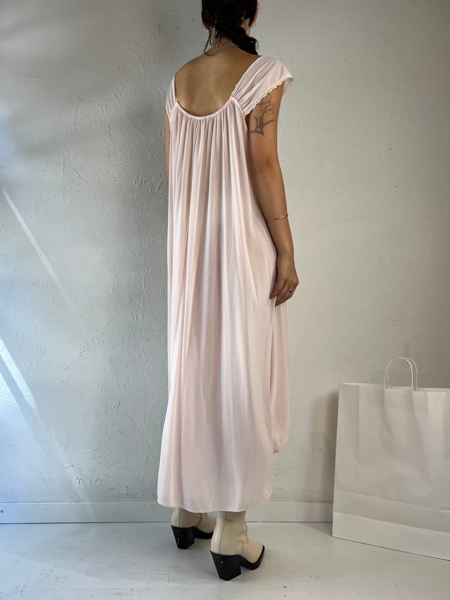 90s 'Miss Elaine' Pale Pink Sheer Night Dress / Large