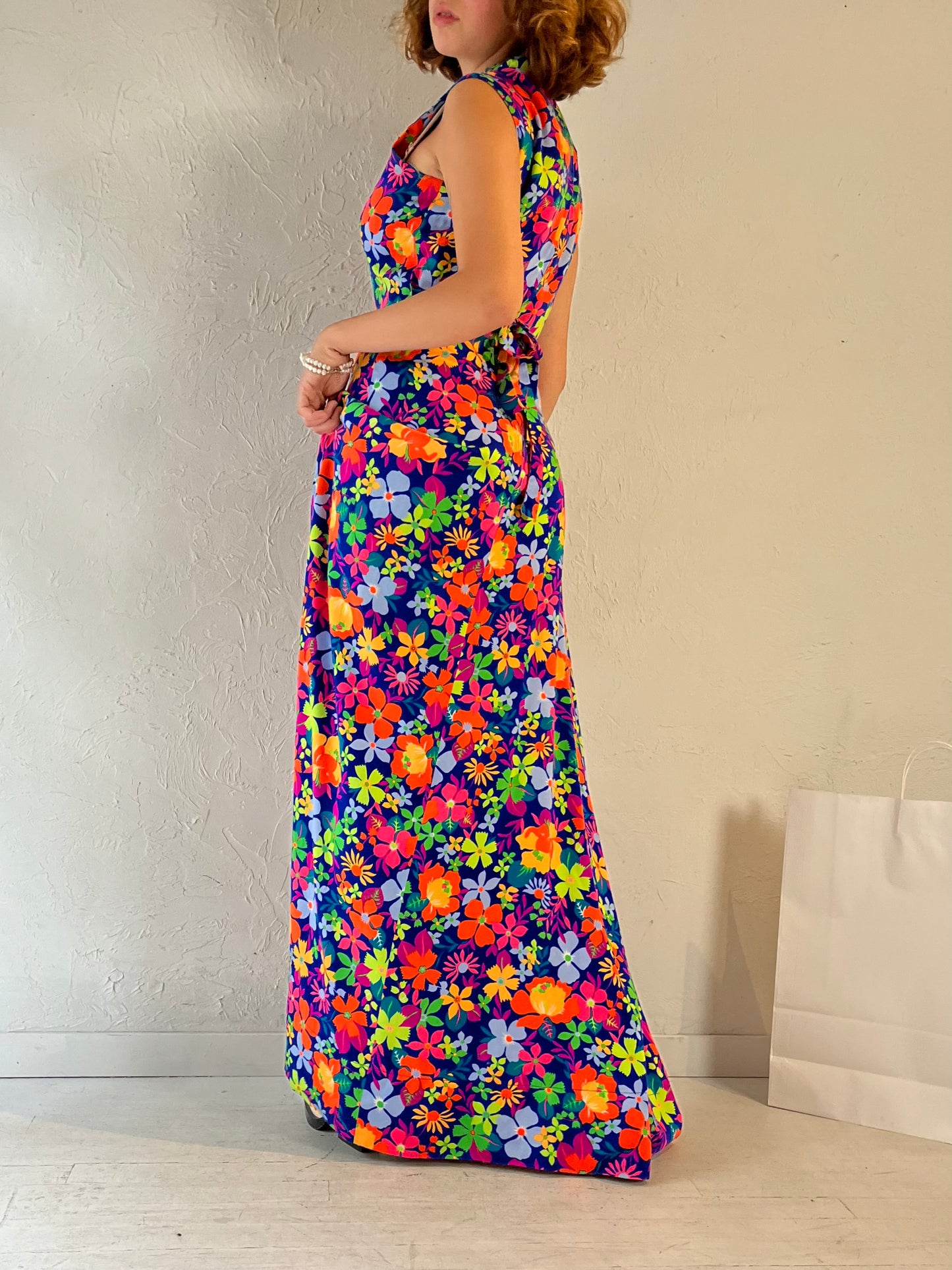 Vintage Handmade Retro Floral Print Maxi Dress / Medium