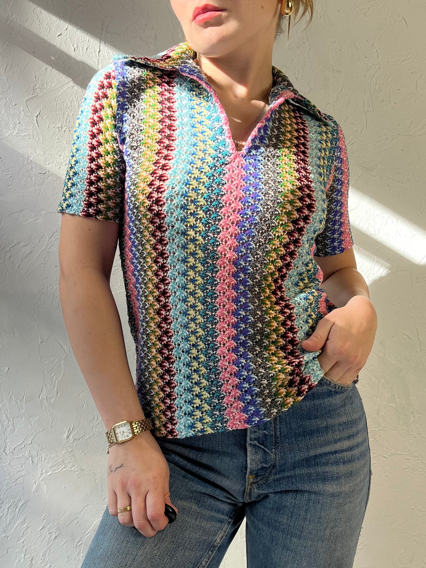 Vintage Rainbow Knit Collared top / Small