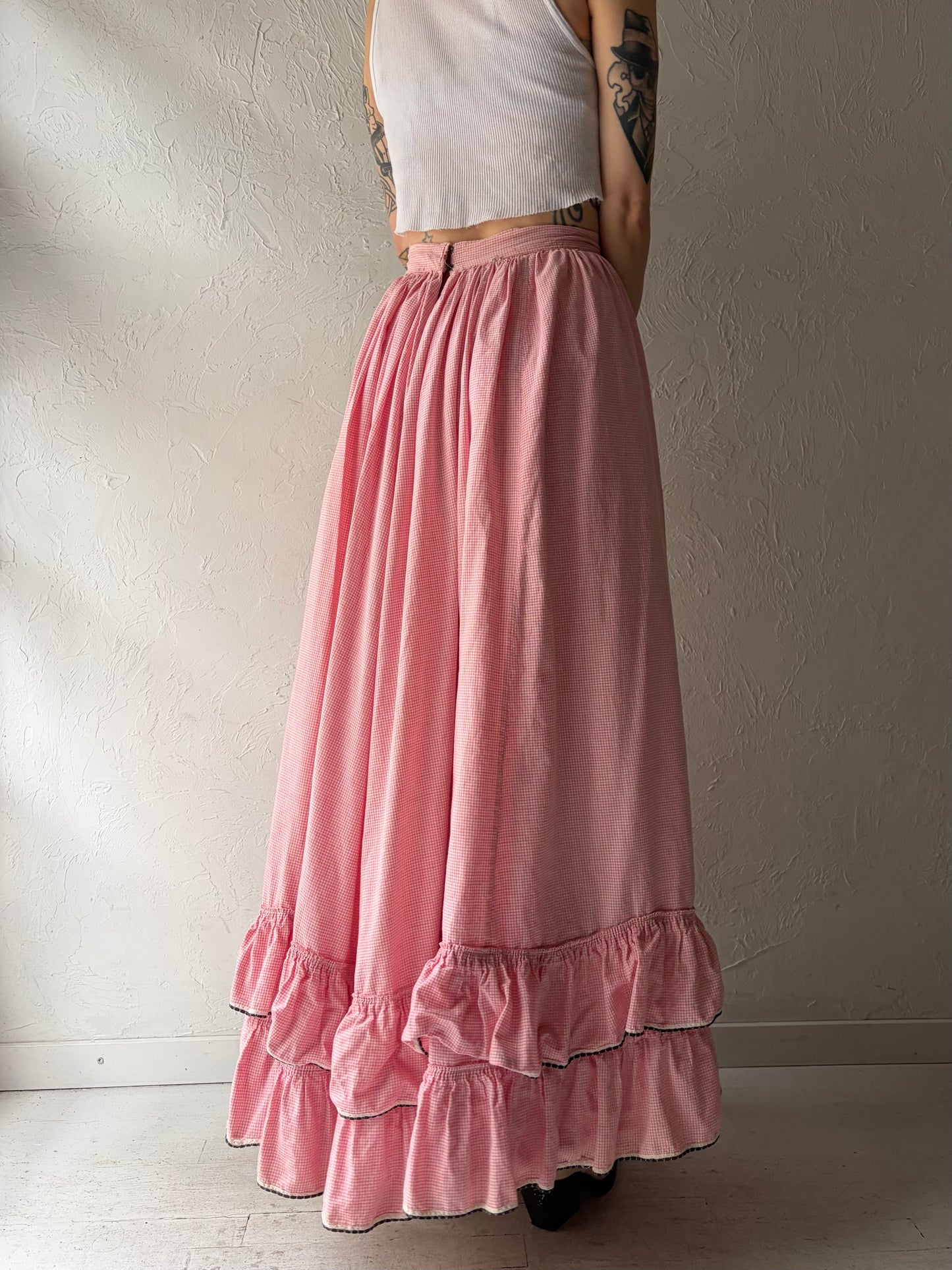 60s / 70s Handmade Pink Gingham Peasant Maxi Skirt / XSmall