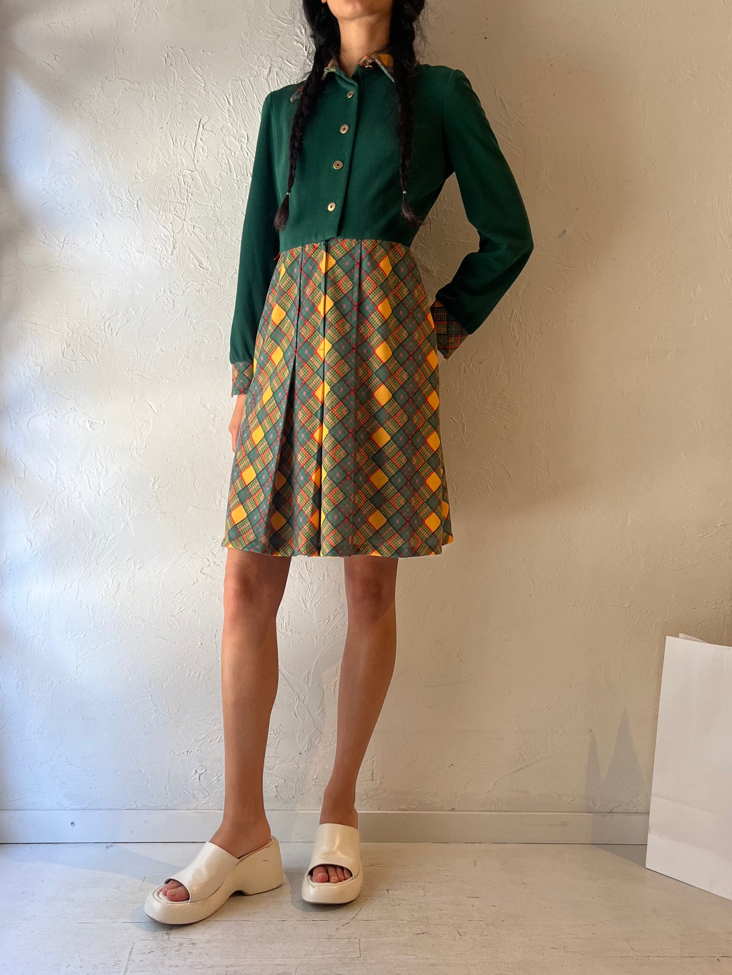 70s 'Pacemaker' Green Long Sleeve Knit Dress / Union Made / Small