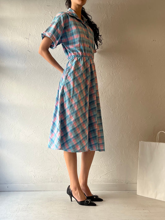 70s ‘Traditions Sears’ Blue Plaid Collared Dress / Small