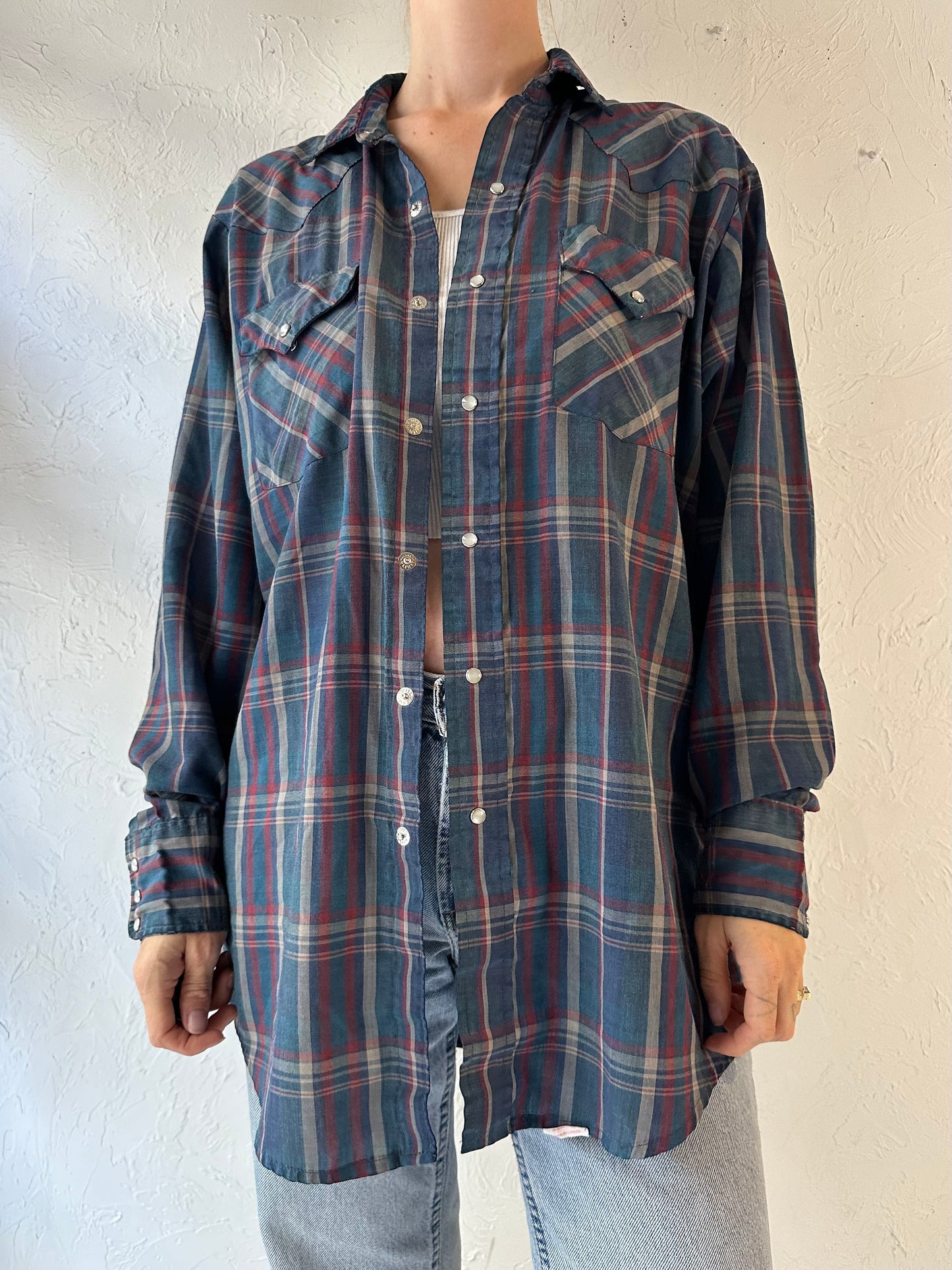 80s 'MWG' Light Weight Plaid Western Pearl Snap Shirt / Medium