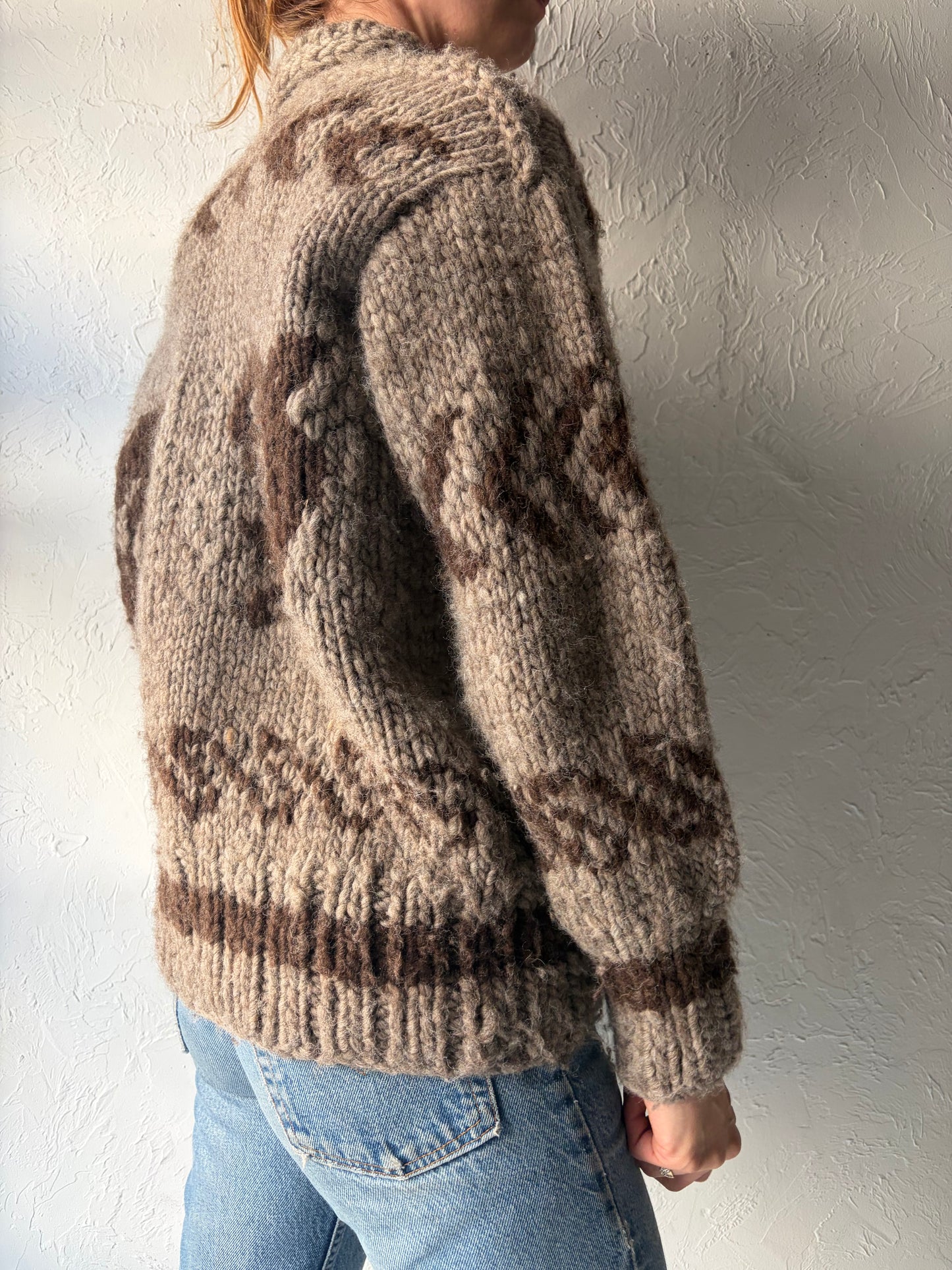 Vintage Hand Knit Wool Whale Zip Up Sweater / Small