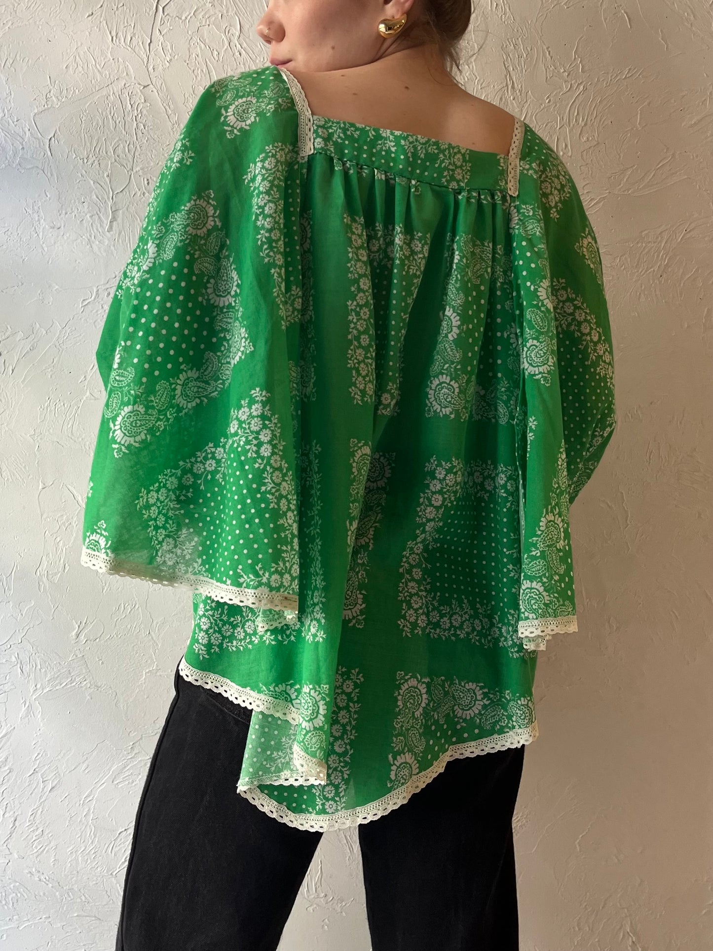 70s Green Floral Hippie Top / Large