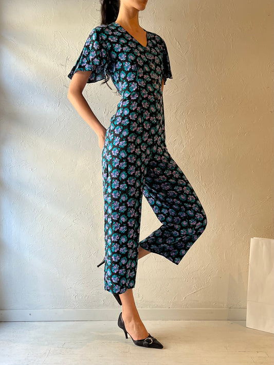 90s ‘Creme’ Blue Floral Jumpsuit / Small - Medium