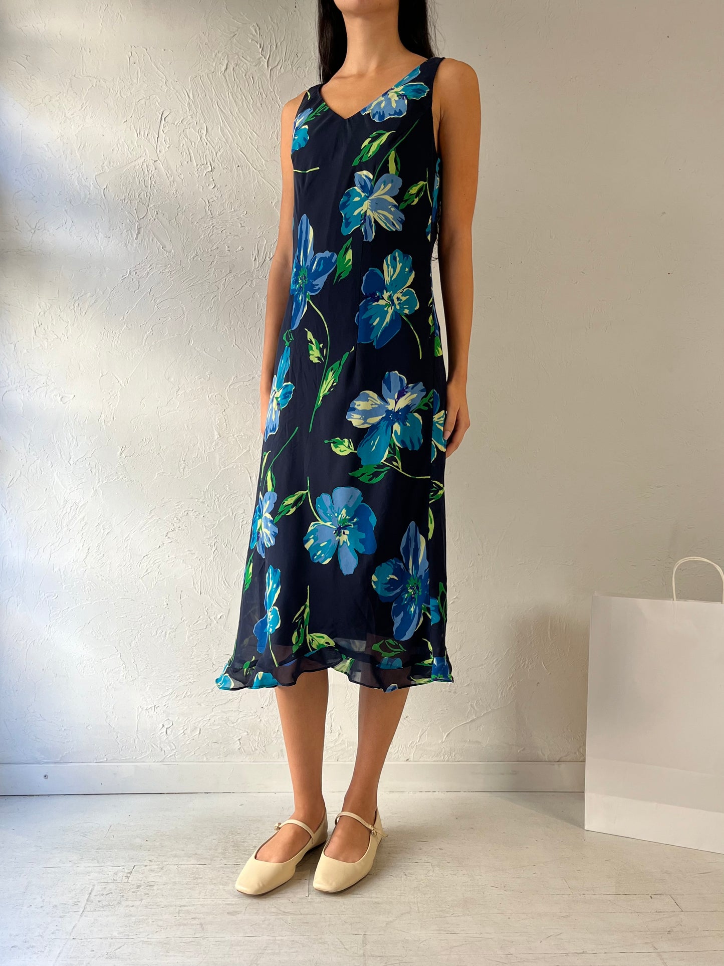 90s ‘DJ Summers’ Blue Floral Print Dress / Medium - Large