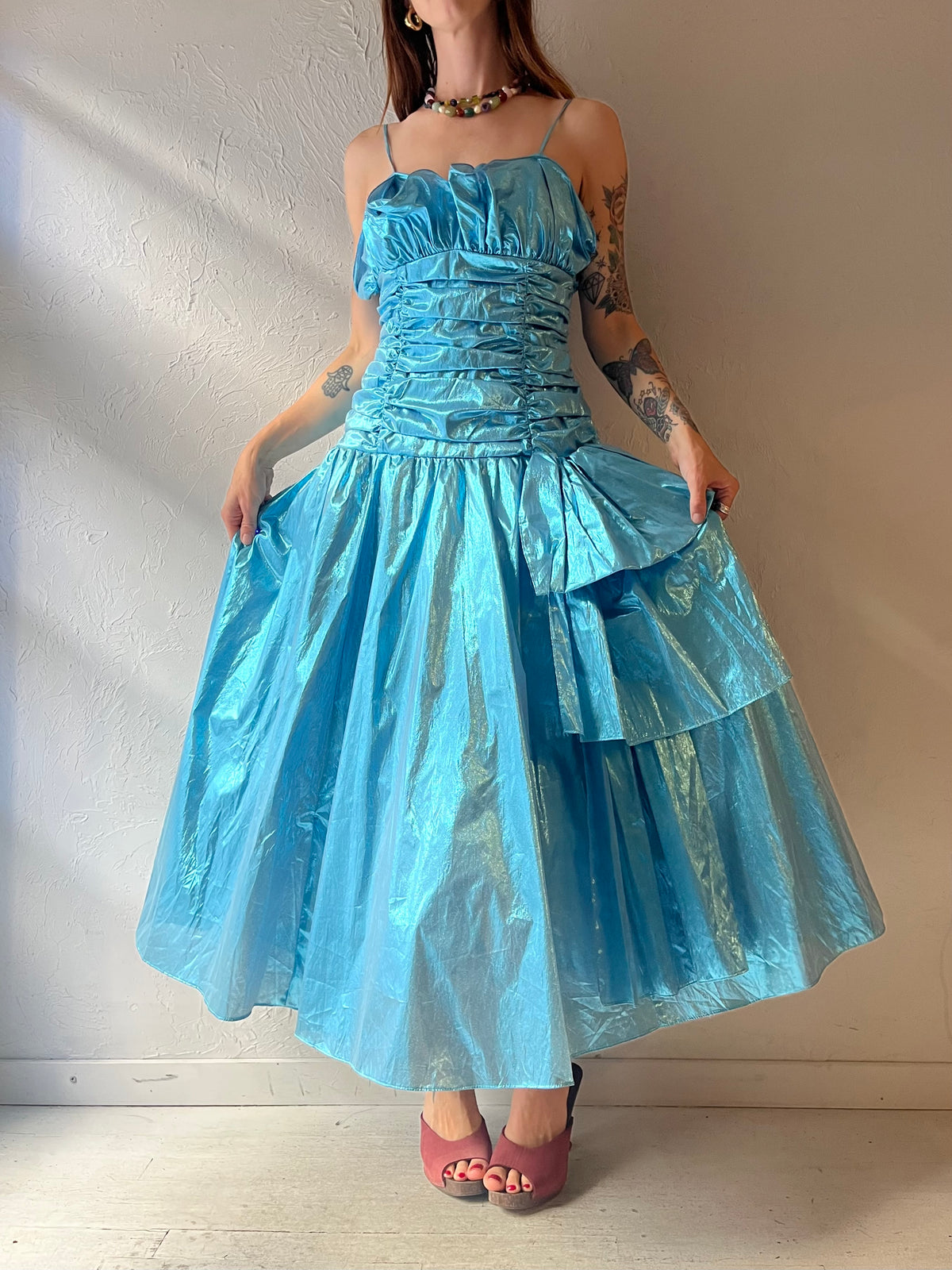 80s 'Candi Jones' Blue Metalic Formal Retro Prom Dress / Medium