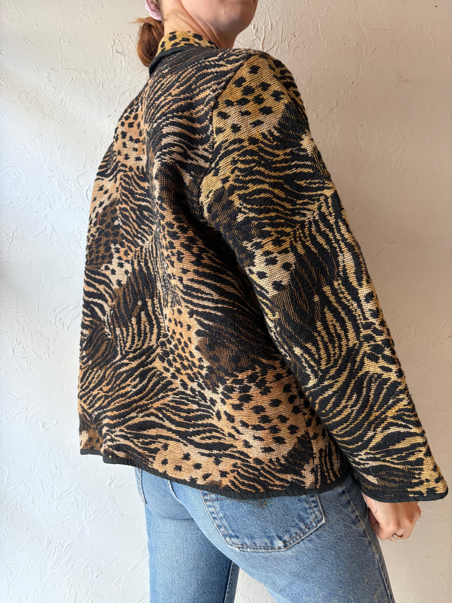 90s 'Jane Ashley' Animal Print Cotton Tapestry Jacket / Large