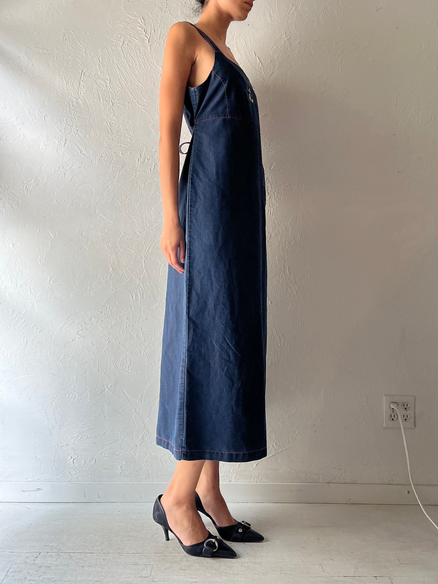 Y2k 'Mickey Mouse' Embroidered Denim Maxi Dress / Medium