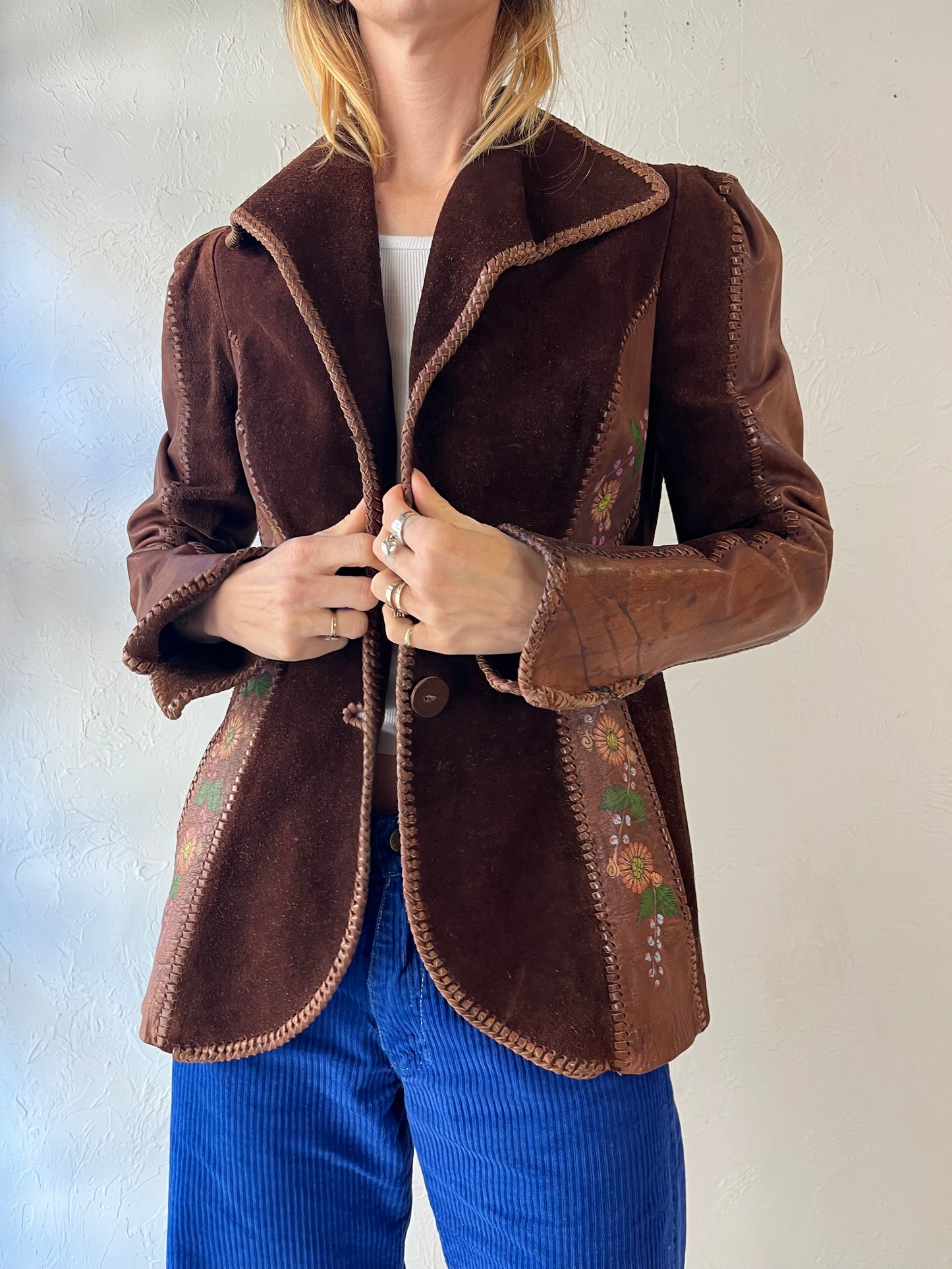 Vintage Hand Painted Brown Suede Leather Jacket / Small