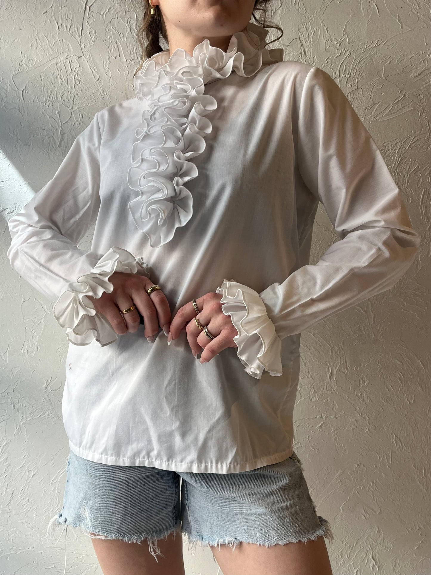 70s 'Ben Rose' White Ruffle Blouse / Union Made / Small