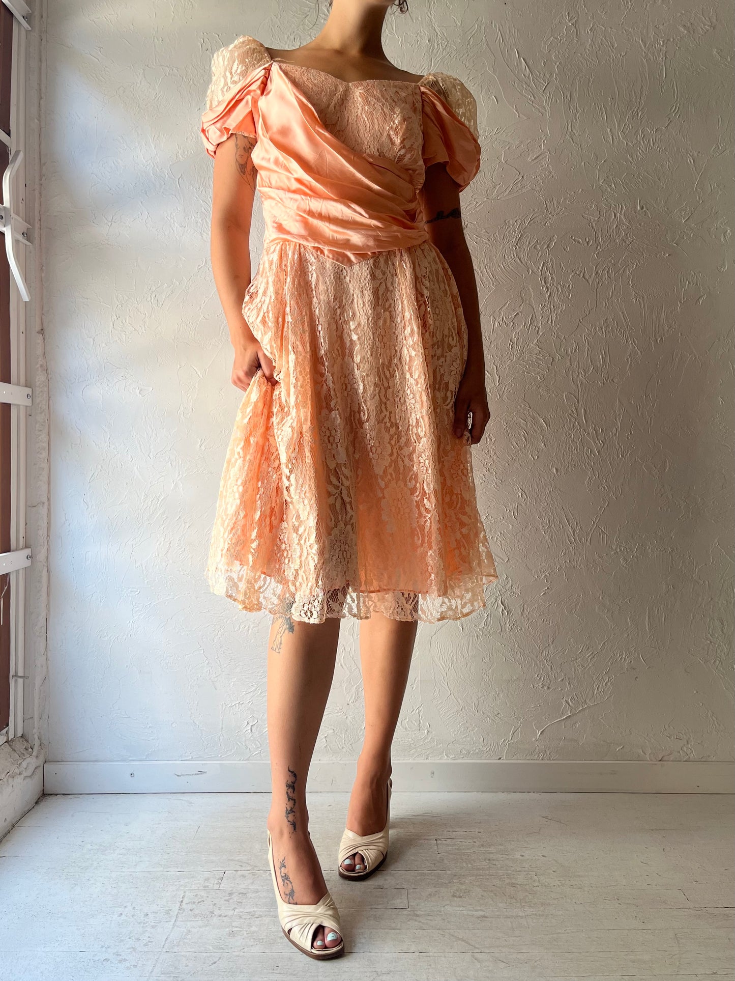 80s 'Nu-Mode' Pink Retro Romanic Lace Formal Midi Dress / Medium
