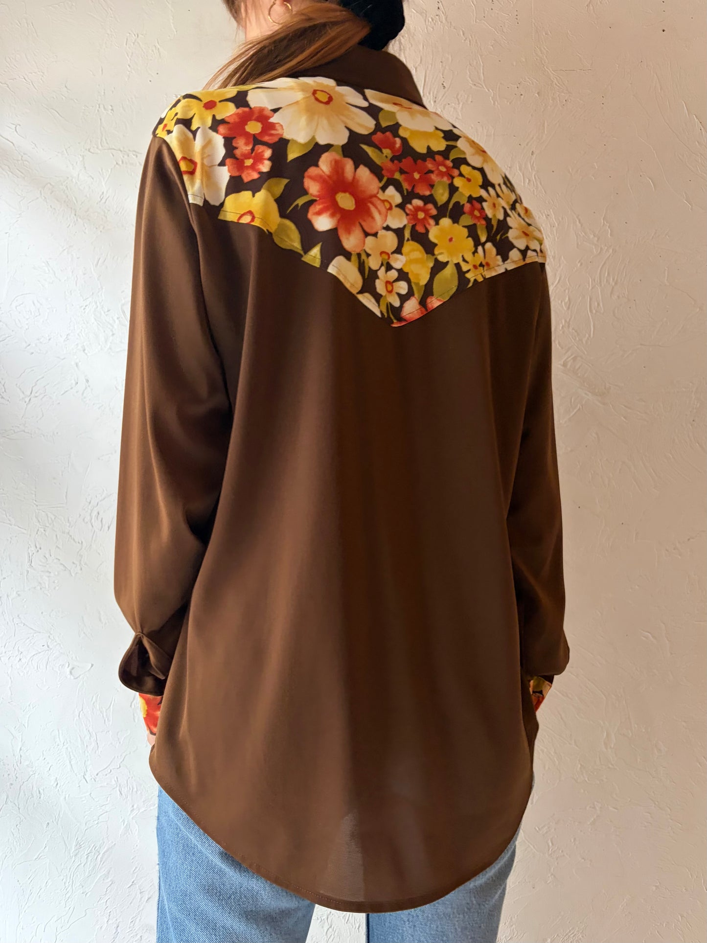 70s 'Career Club' Floral Western Shirt / Large