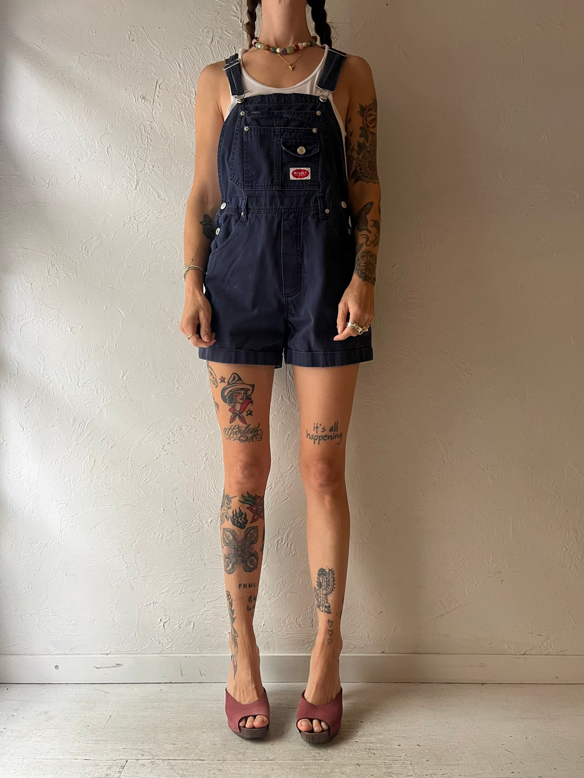 90s 'Revolt' Navy Blue Cotton Denim Dungarees Workwear Grunge Overall Shorts / Small - Medium